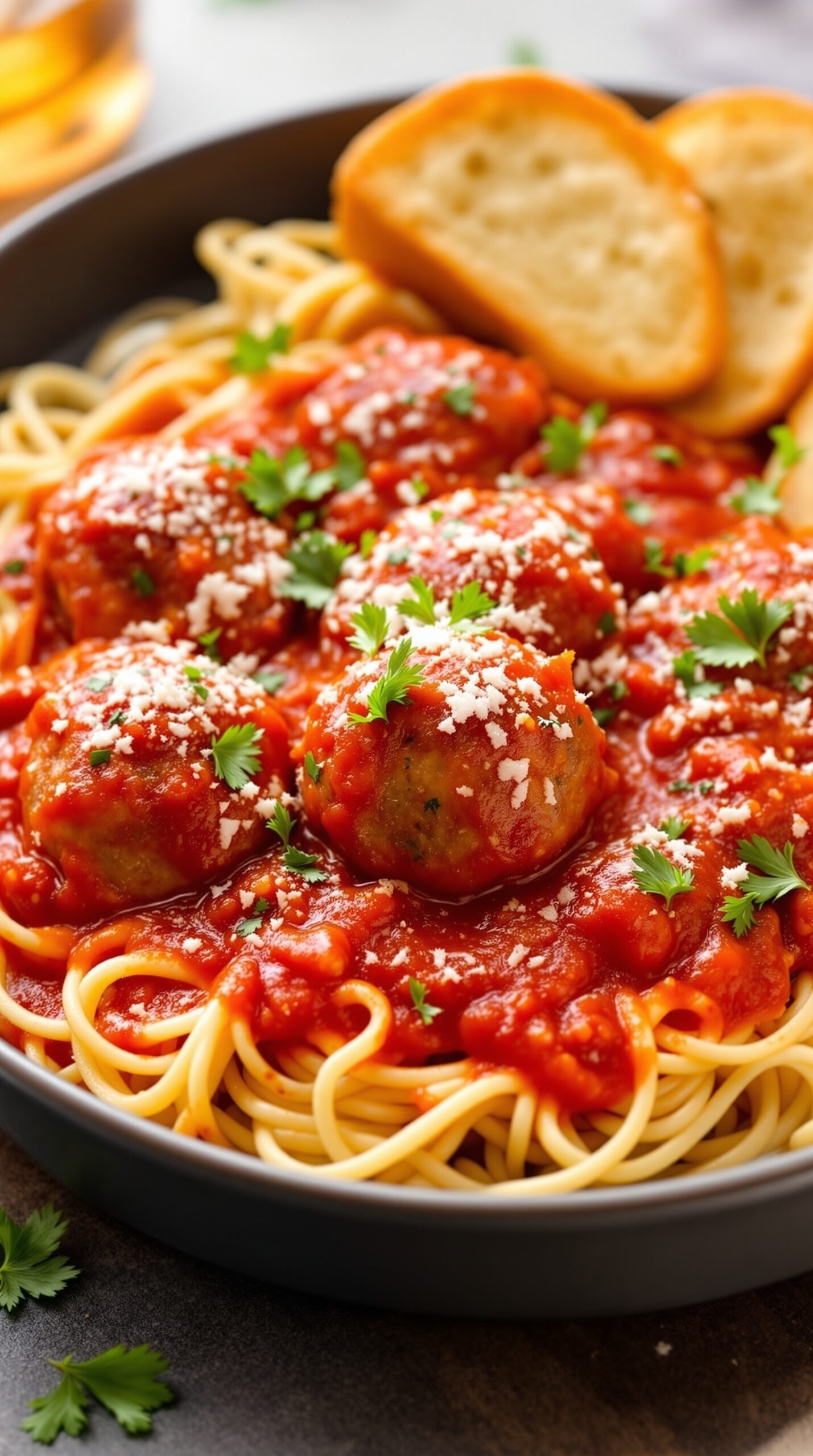 Delicious air fryer meatballs in marinara sauce served over spaghetti with garlic bread on the side.