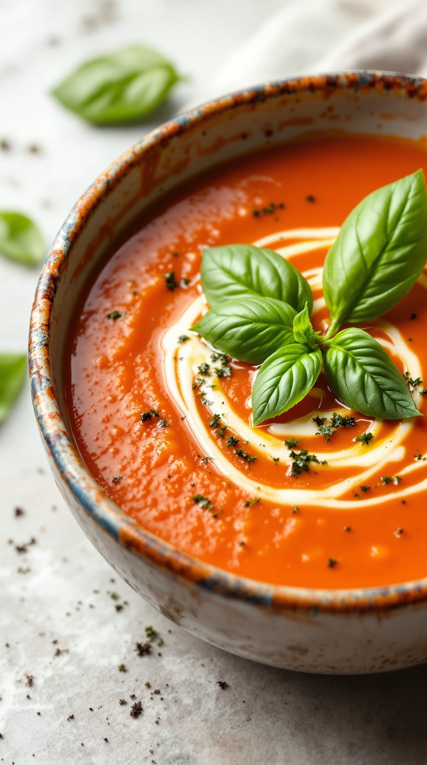 A bowl of creamy tomato basil soup garnished with fresh basil leaves and a swirl of cream.