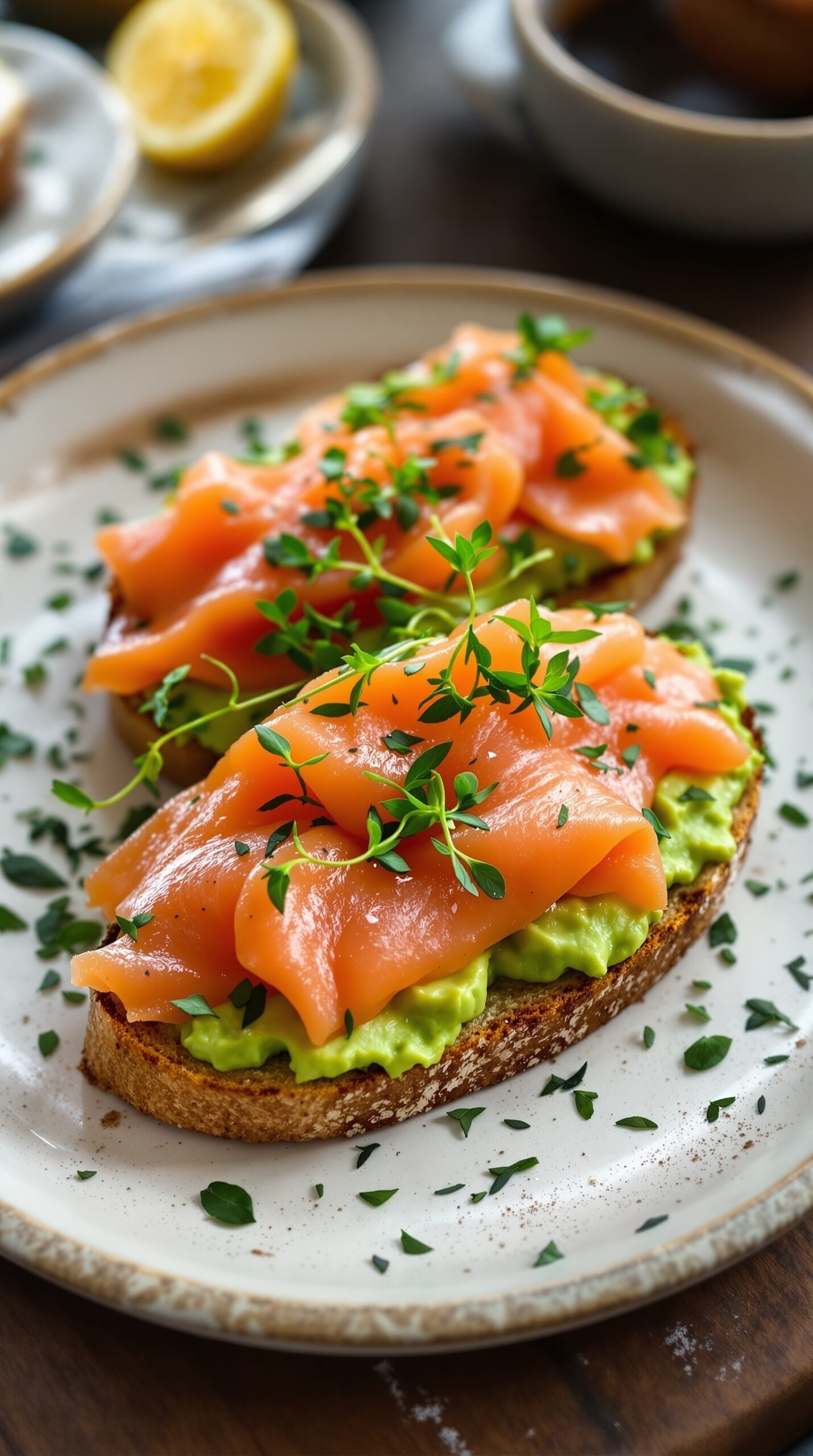A plate of smoked salmon and avocado toast garnished with fresh herbs.