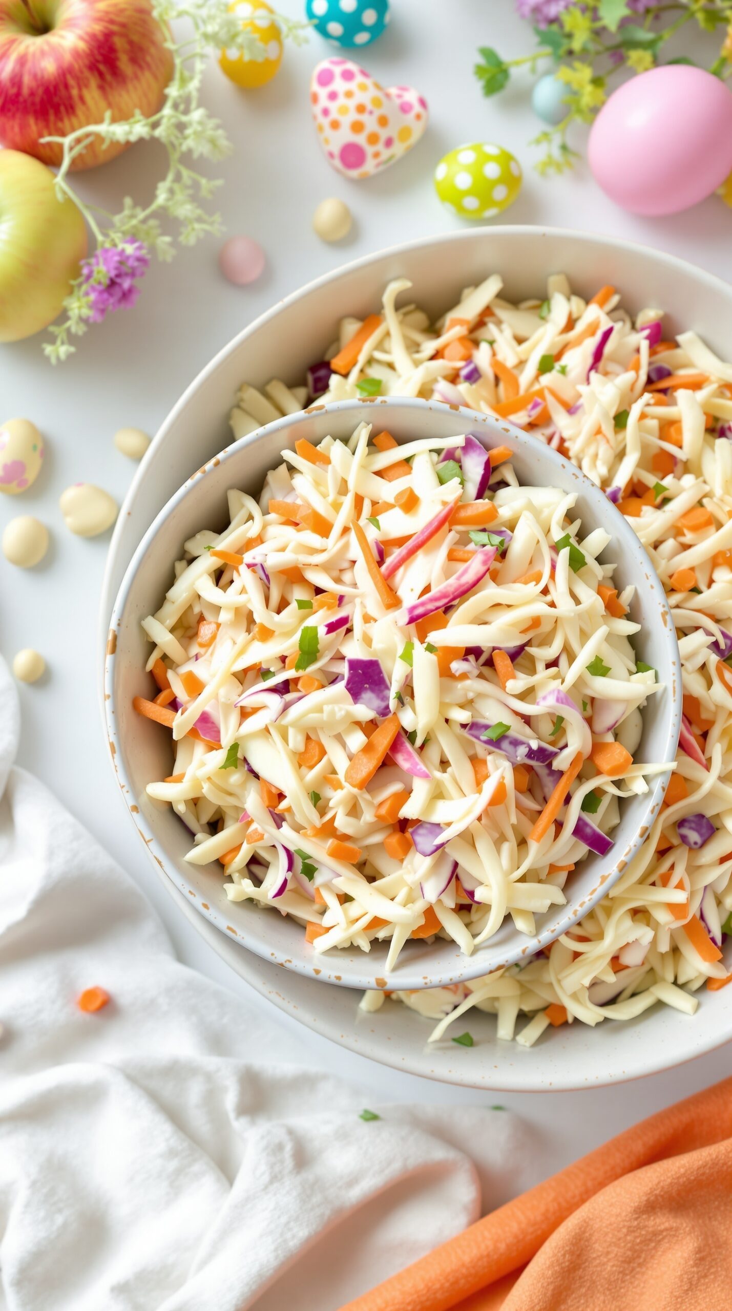 A bowl of creamy coleslaw with apples, surrounded by colorful Easter decorations.