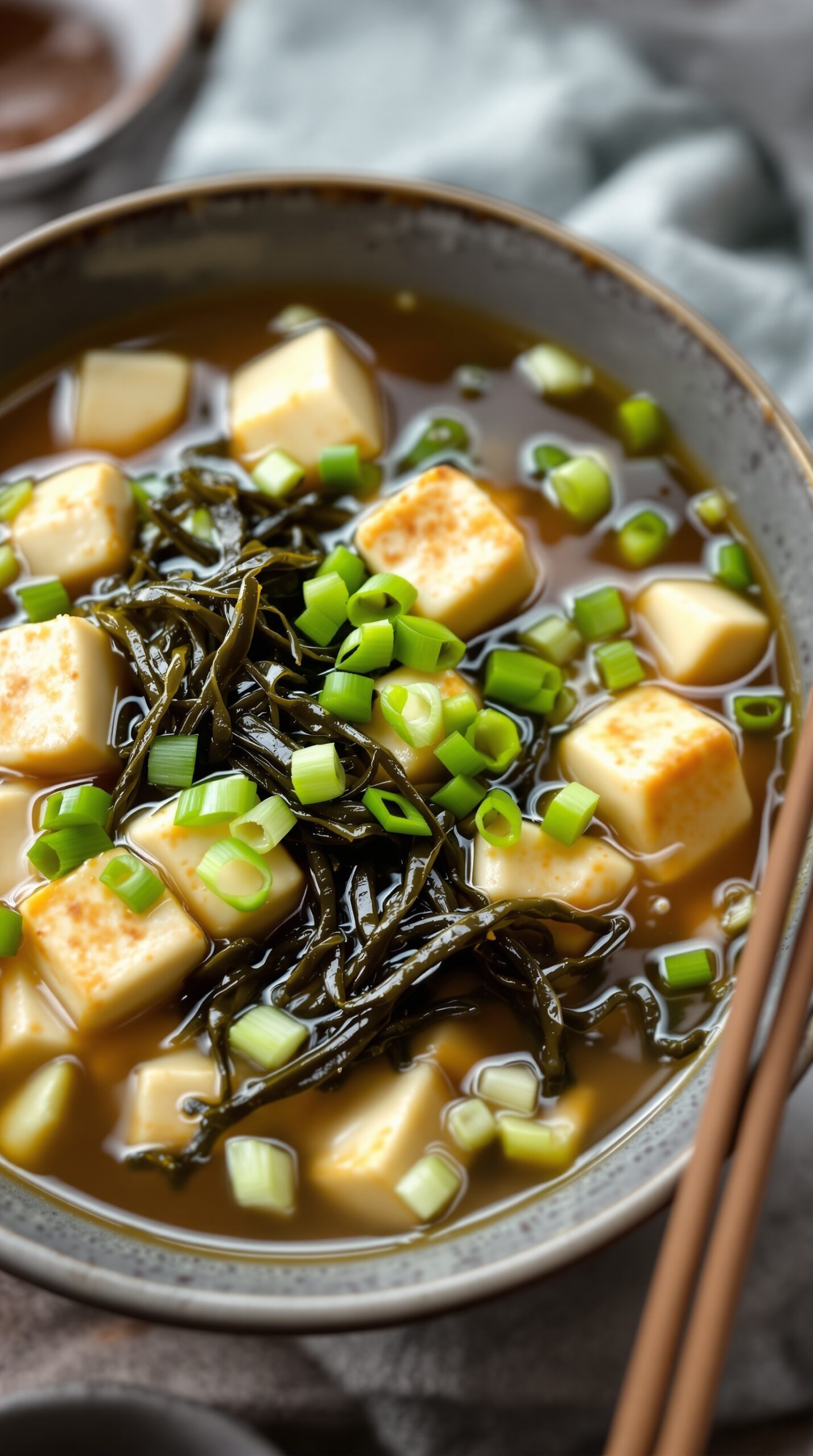 A bowl of Asian-inspired miso vegetable soup with tofu, seaweed, and green onions.
