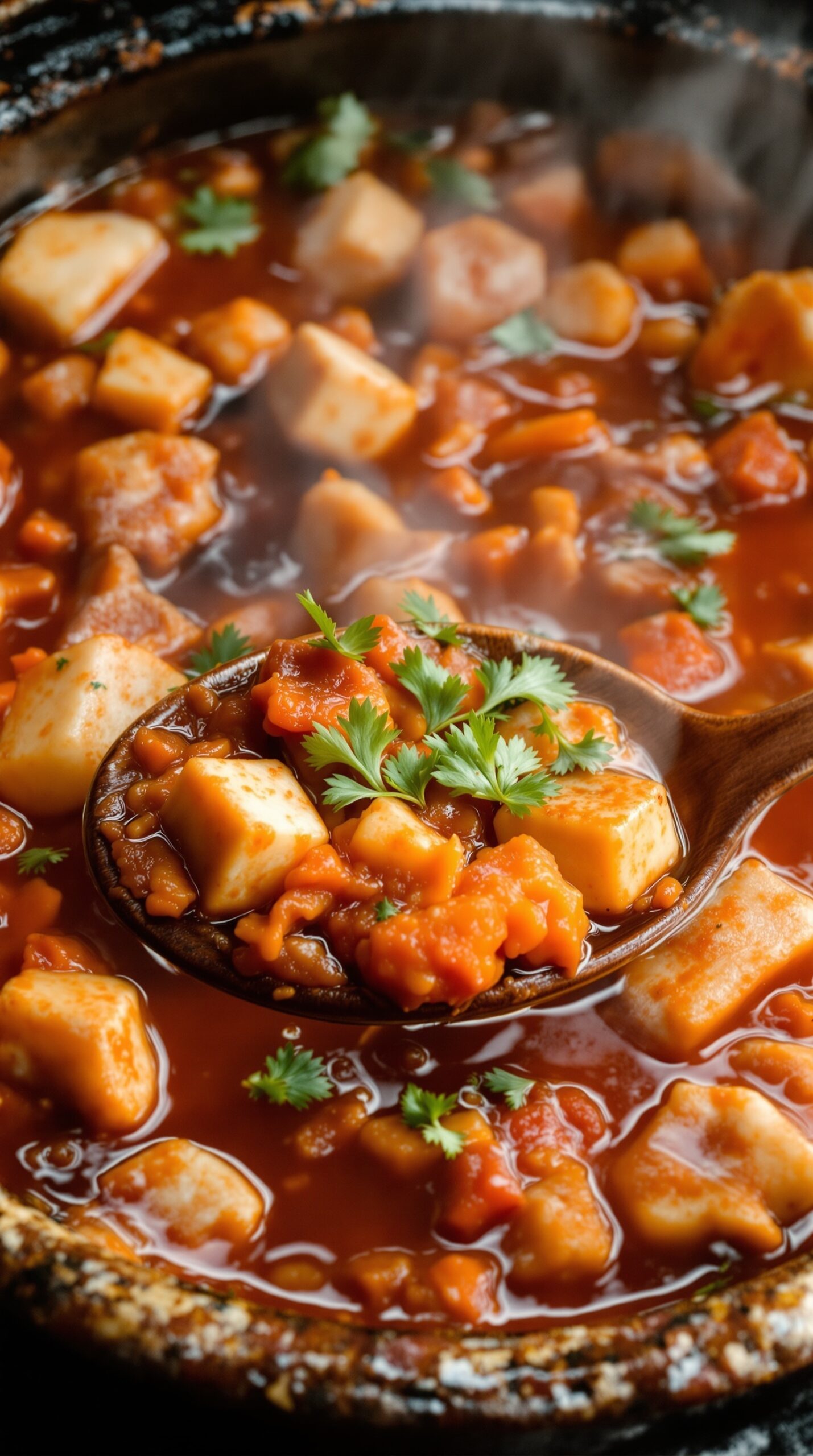 A steaming bowl of Kimchi Stew with tofu and vegetables.