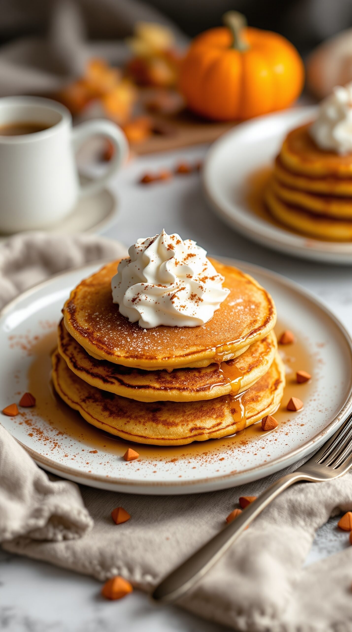 A stack of pumpkin spice pancakes topped with whipped cream and syrup, with a small pumpkin in the background.