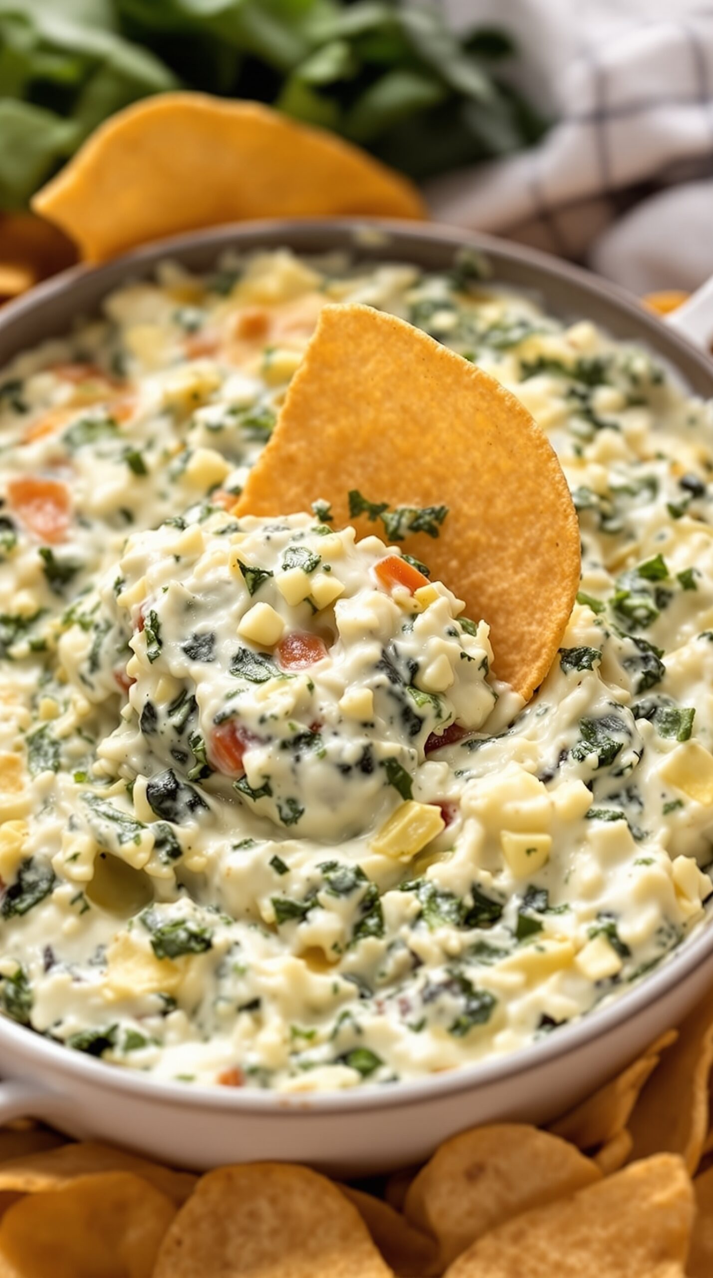 A bowl of creamy spinach and artichoke dip with tortilla chips