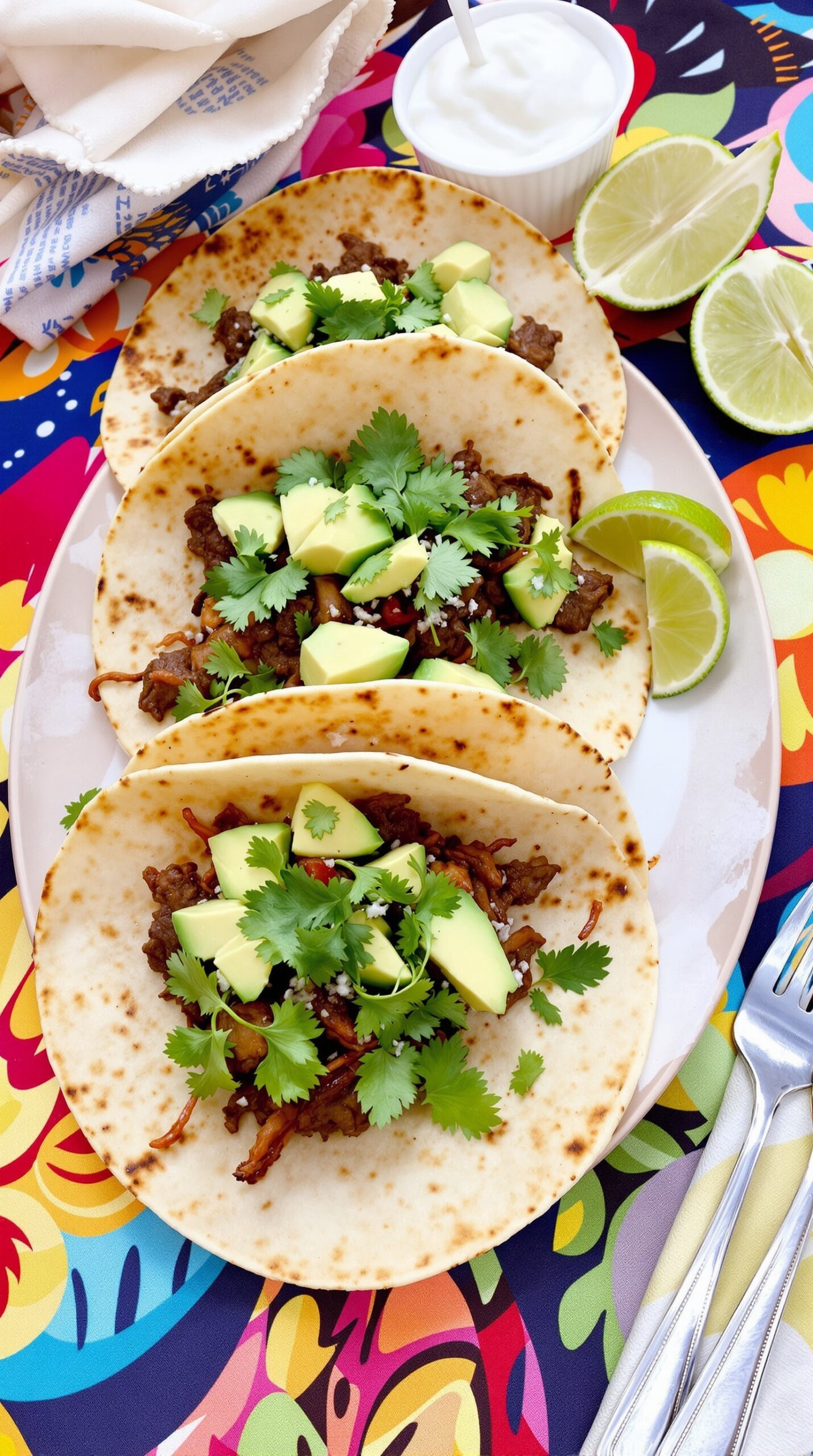 Three beef tacos topped with avocado and cilantro on a colorful tablecloth.
