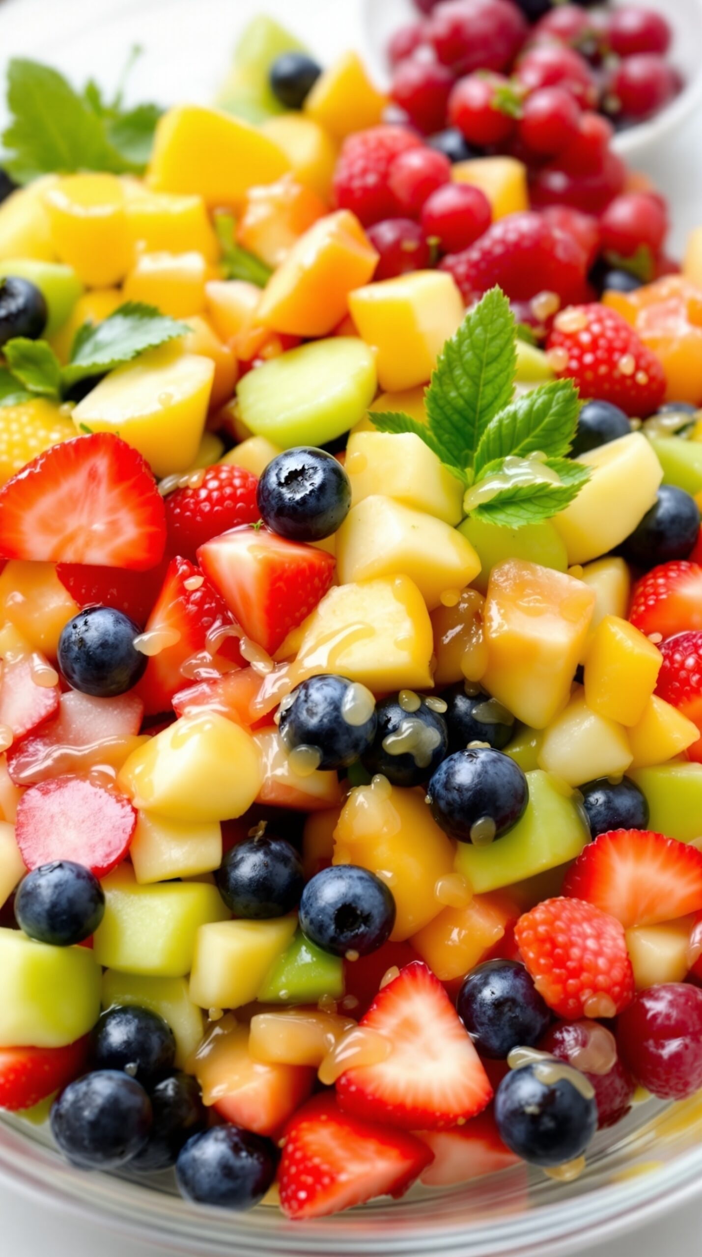 A colorful fruit salad with a variety of diced fruits, drizzled with honey lime dressing.