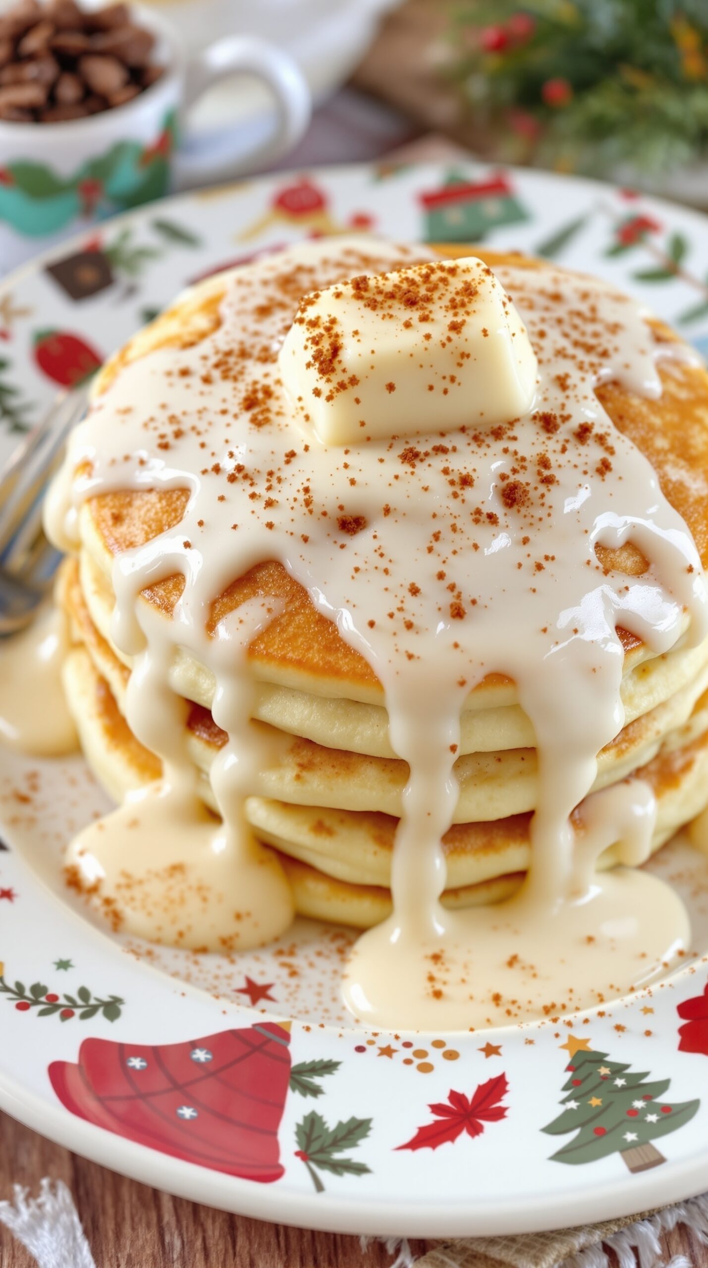Stack of cinnamon roll pancakes with cream cheese glaze and a pat of butter on top