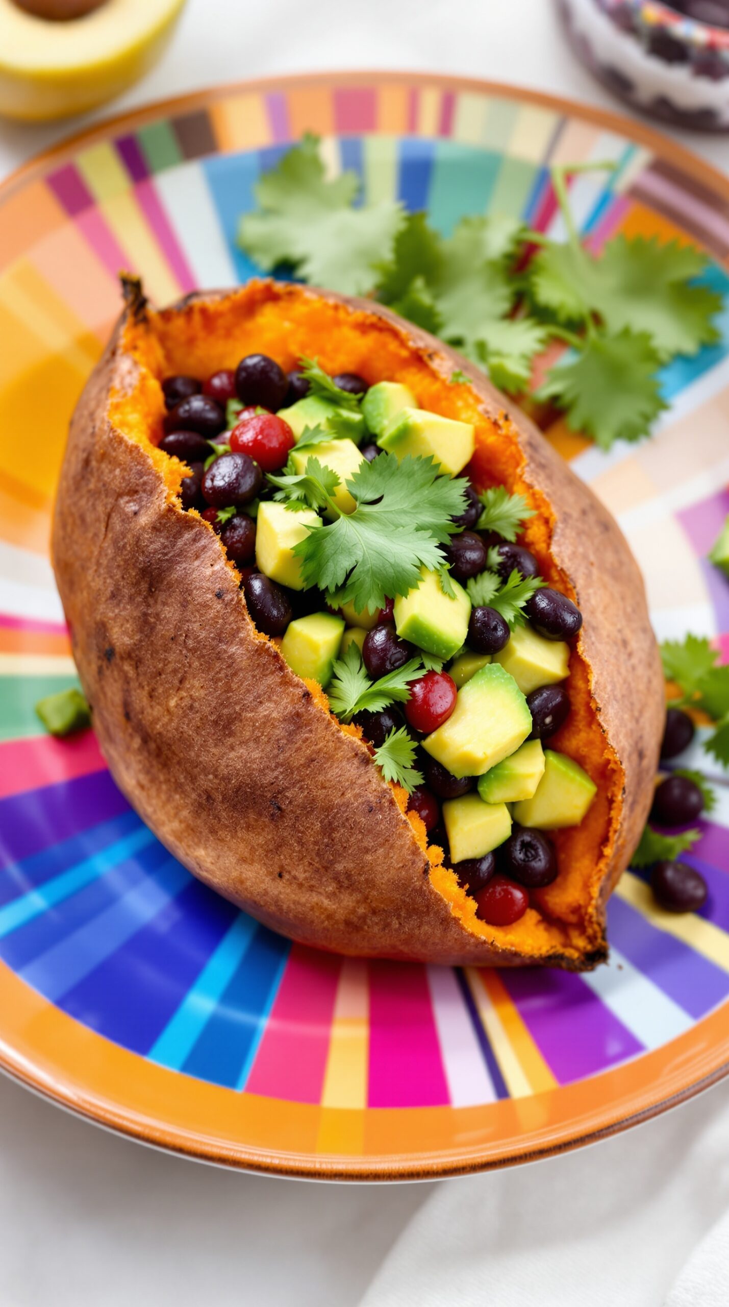 Baked sweet potato stuffed with black beans, avocado, and cilantro on a colorful plate.