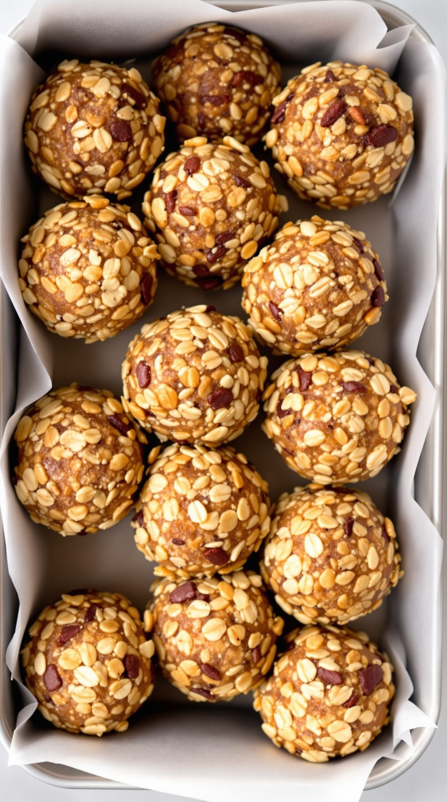 A container filled with homemade energy bites, rolled in oats and looking delicious.