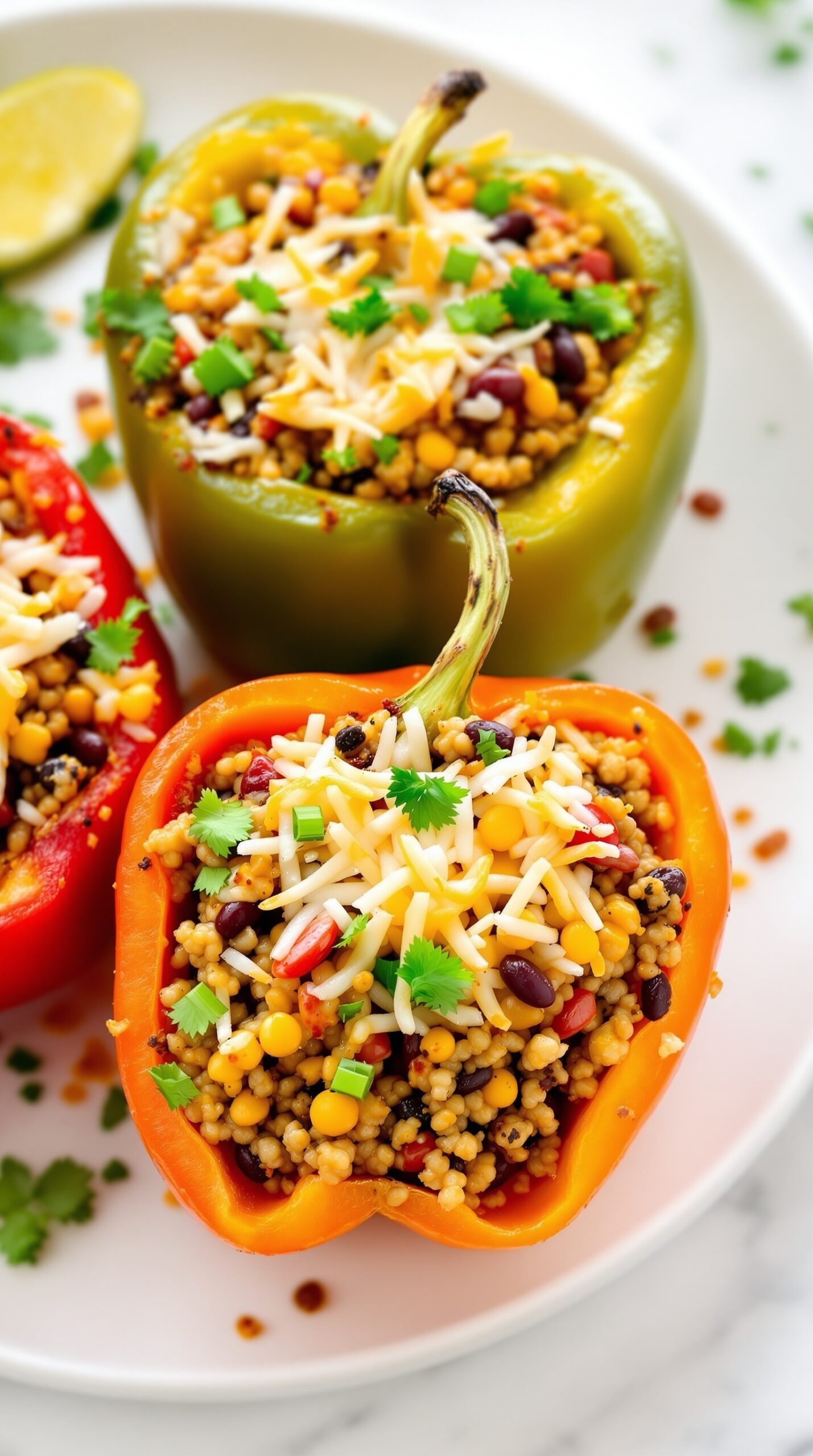 Air fryer stuffed bell peppers filled with quinoa, beans, corn, and topped with cheese.