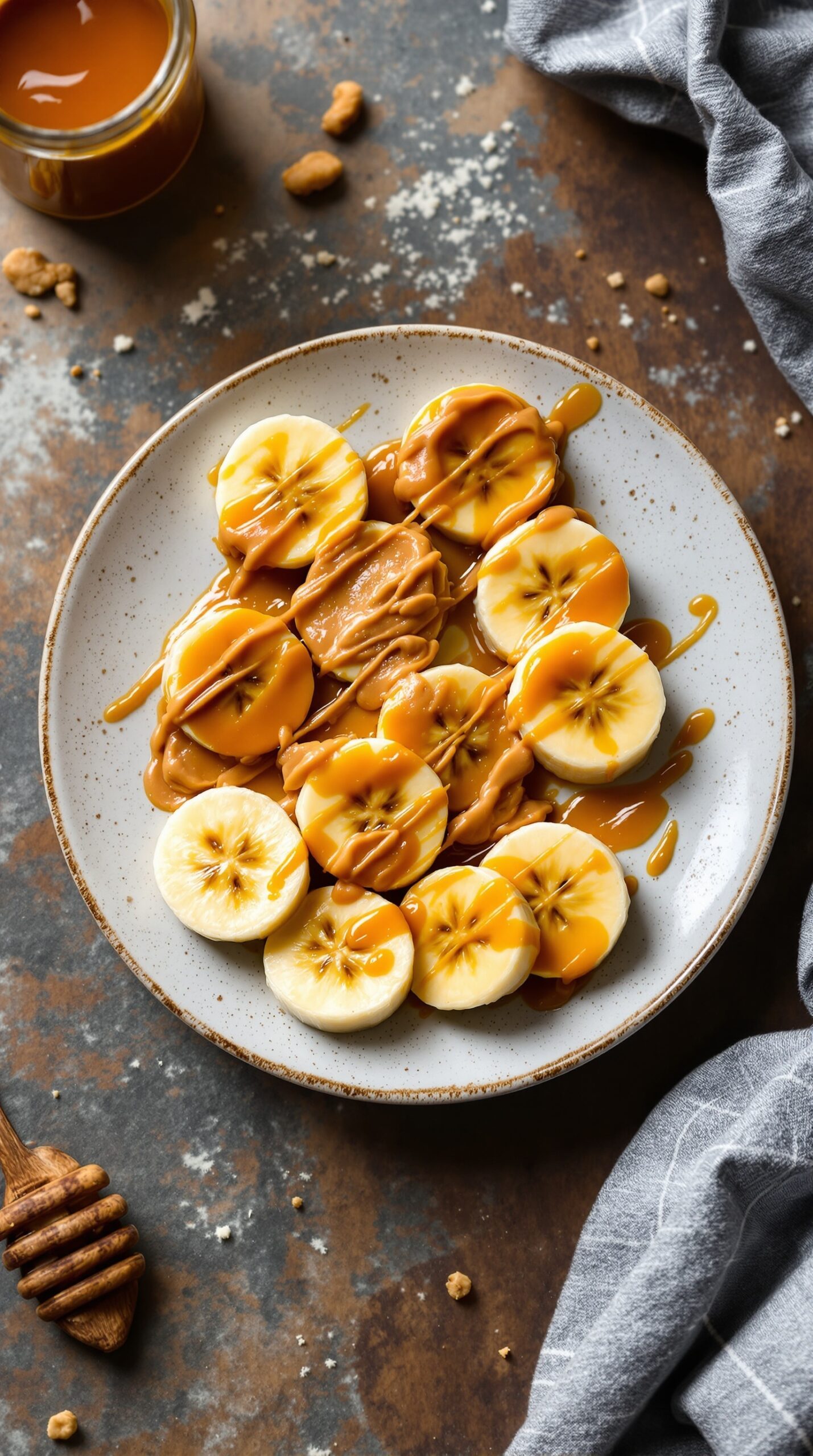 A plate of peanut butter banana bites drizzled with honey