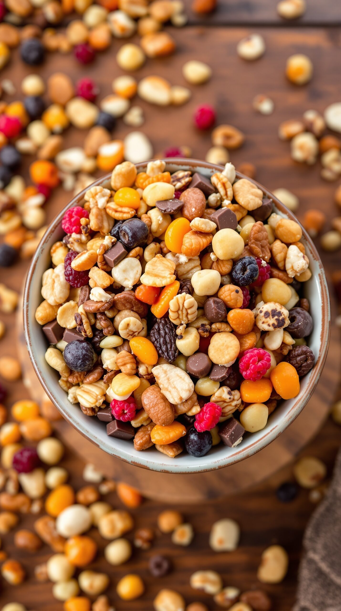 A bowl of colorful trail mix with nuts and dried fruits