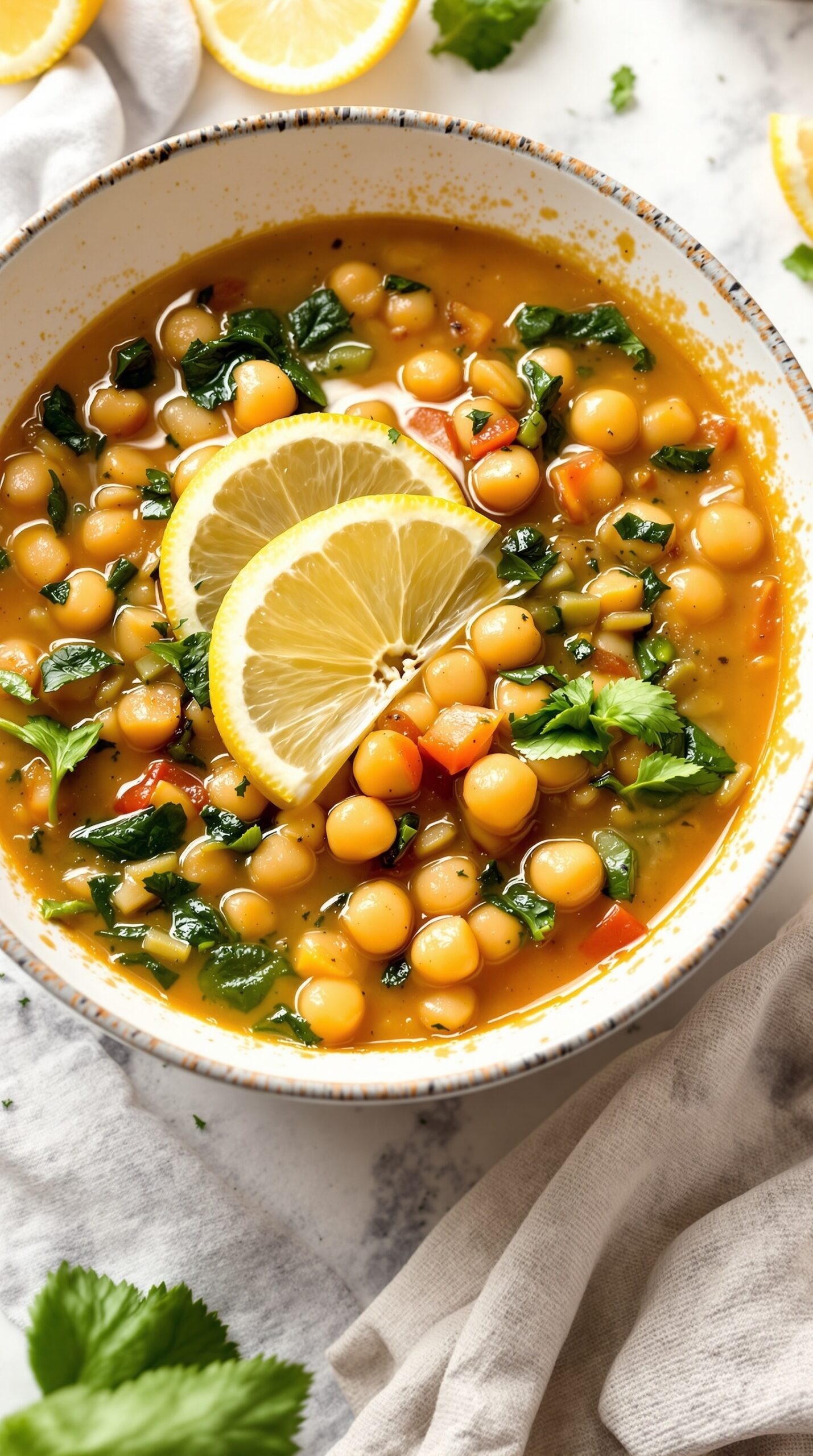A bowl of Mediterranean Chickpea and Spinach soup with lemon slices and fresh herbs