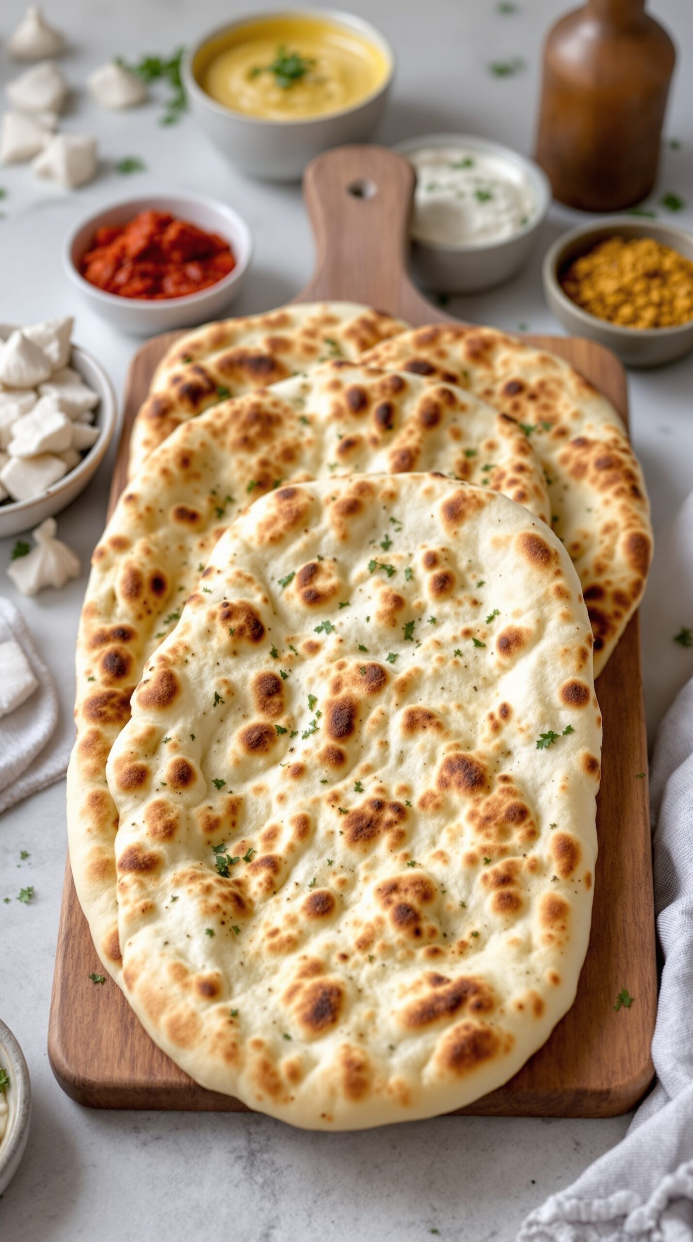 Freshly baked sourdough naan on a wooden board with bowls of sauces and dips.