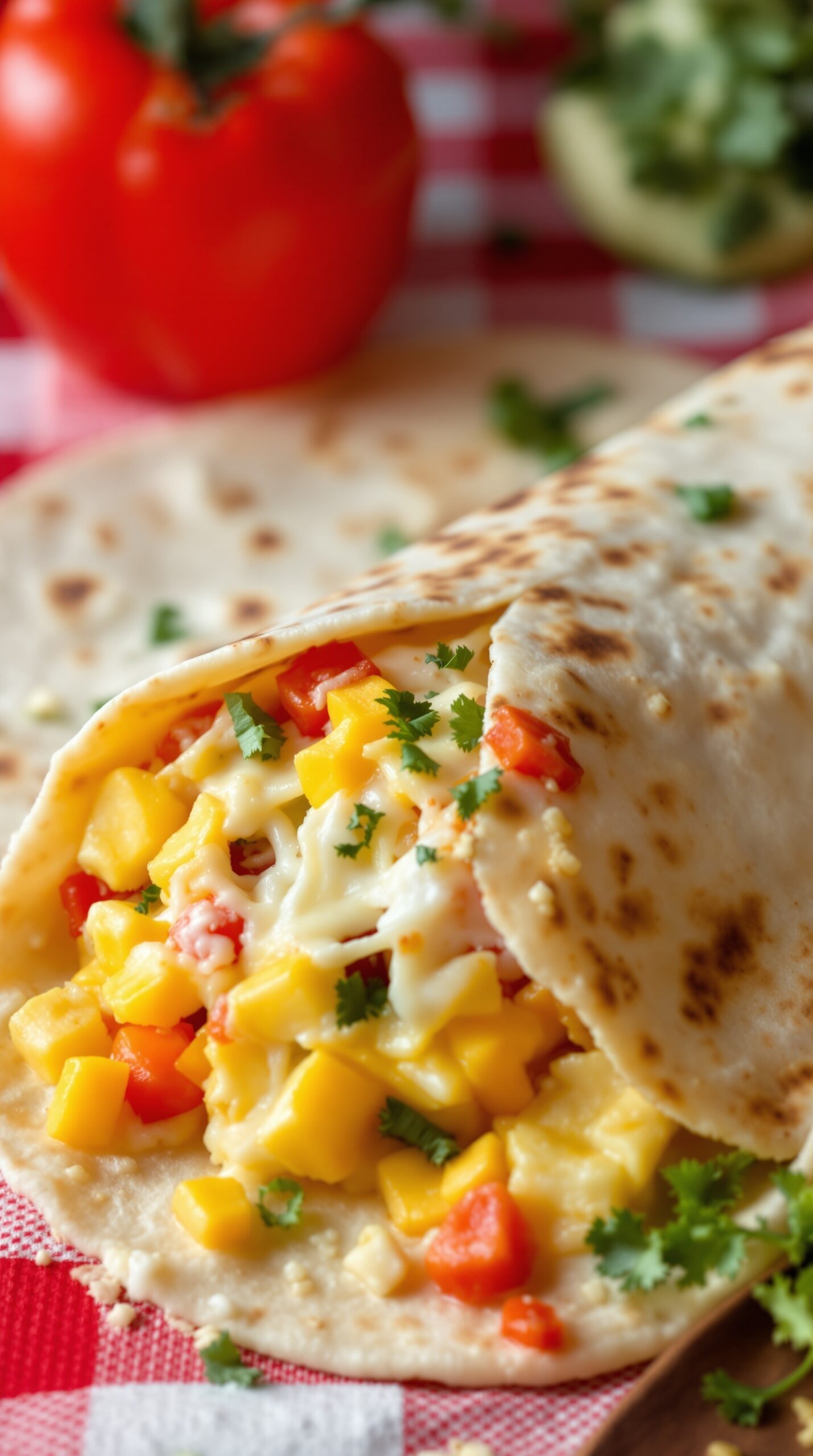 A colorful breakfast burrito filled with mango, red bell pepper, and cheese, wrapped in a tortilla.