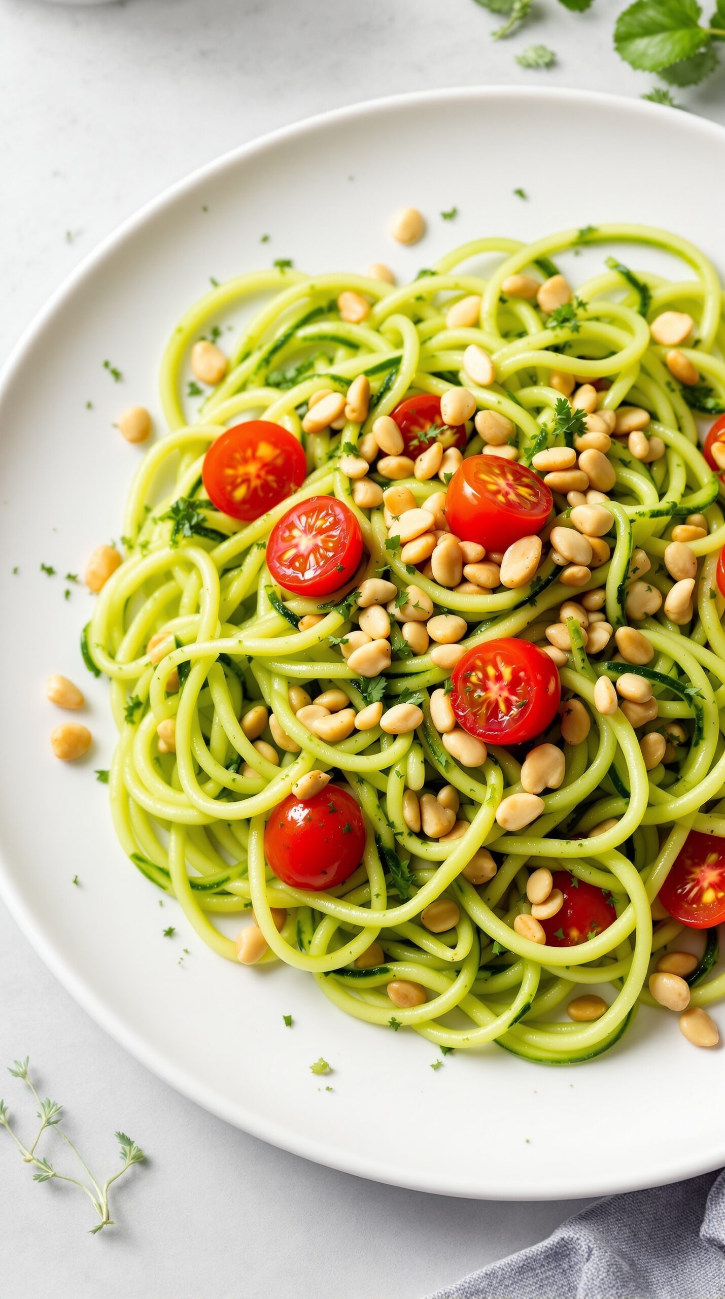 A plate of zucchini noodles topped with pesto sauce, cherry tomatoes, and pine nuts.