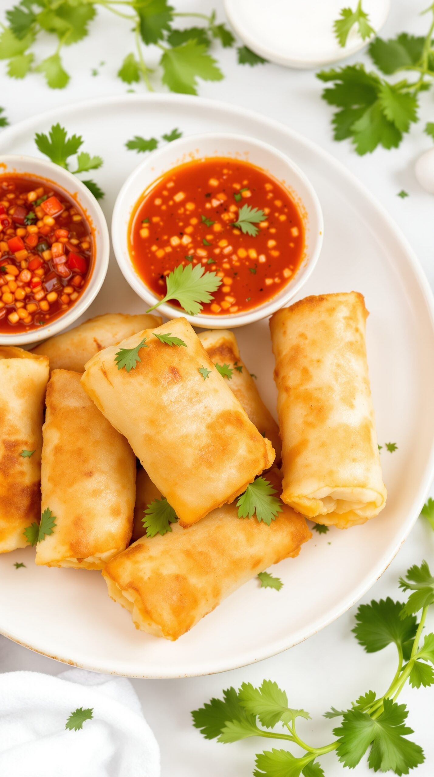 A plate of crispy spring rolls with sweet chili sauce and fresh cilantro