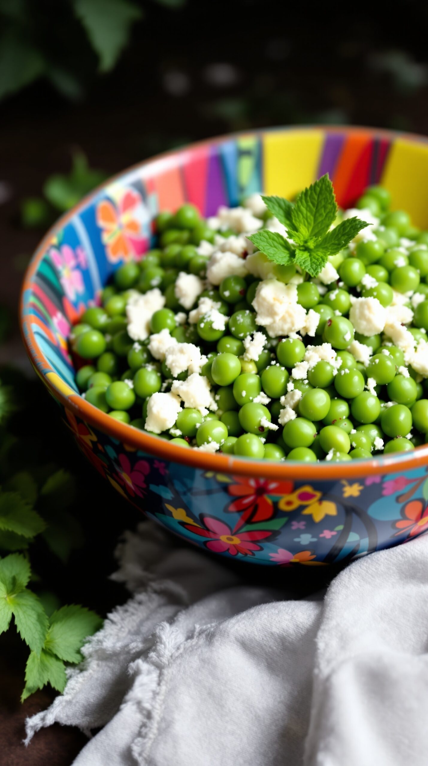 A colorful bowl of spring pea salad with mint and feta cheese.
