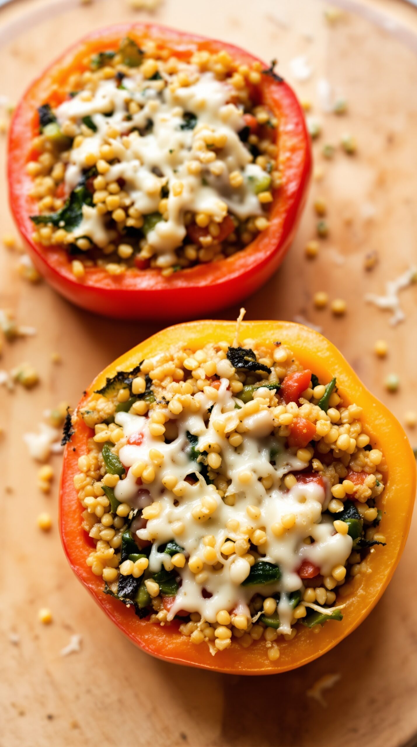Stuffed bell peppers filled with quinoa and vegetables, topped with cheese.