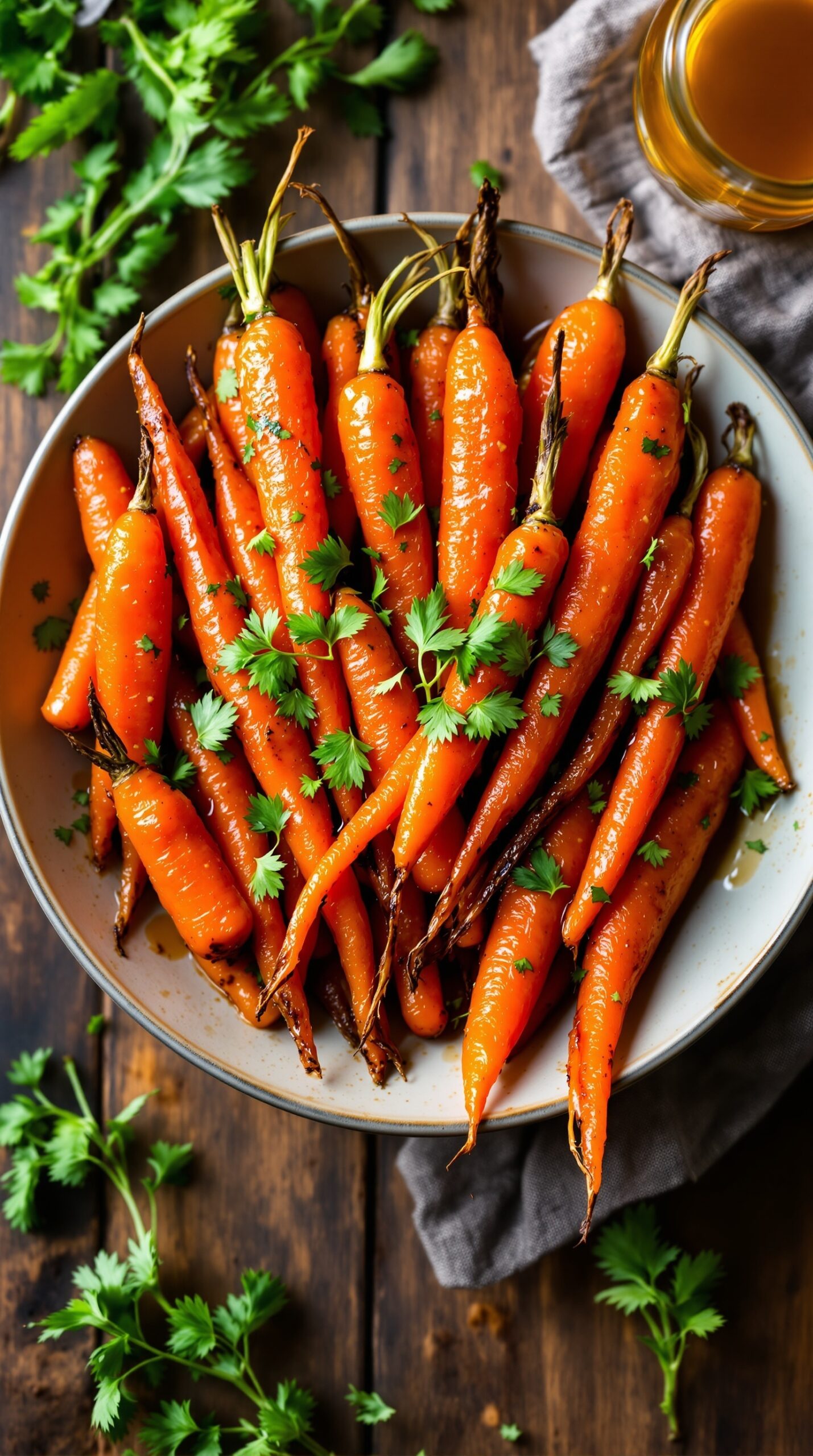 A plate of honey glazed carrots garnished with parsley, showcasing their vibrant orange color.