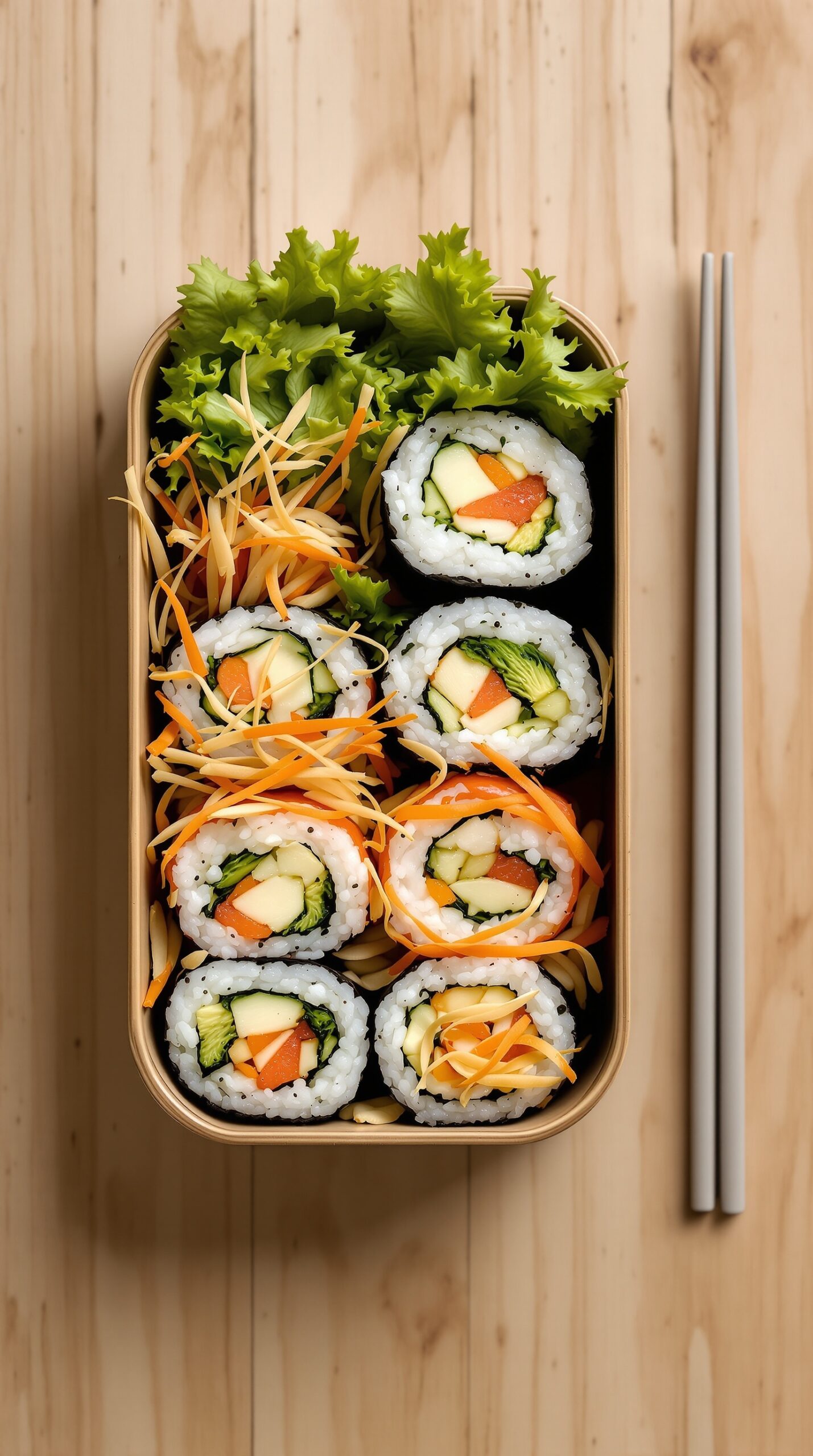 A lunch box filled with colorful vegetable sushi rolls and fresh greens.