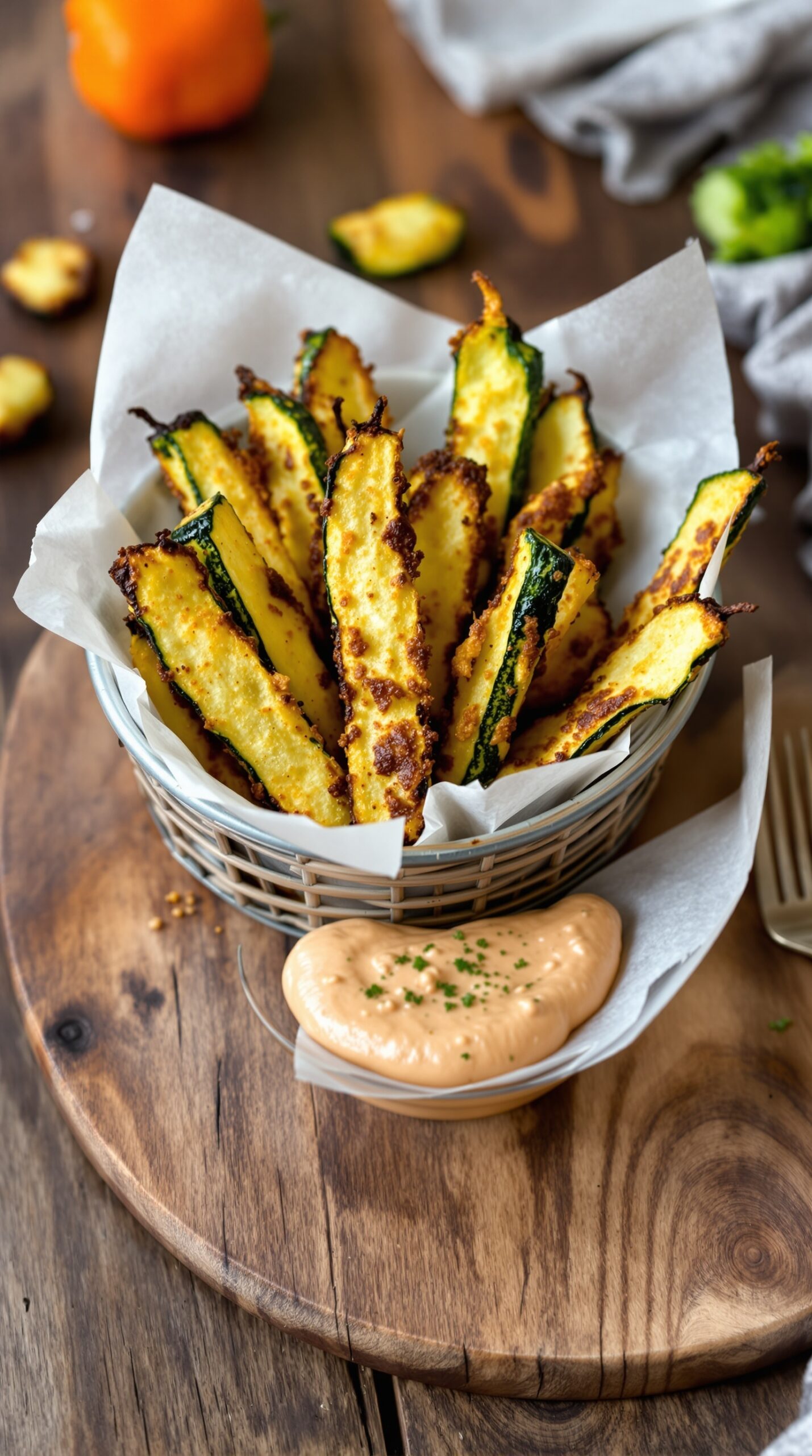 A basket of crispy baked zucchini fries with a creamy dipping sauce
