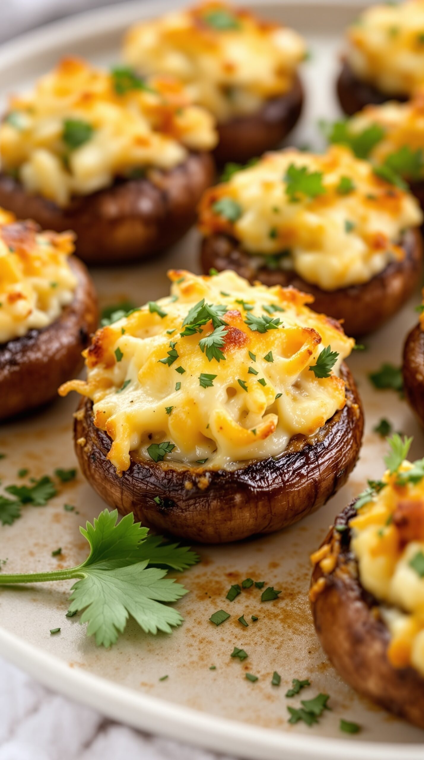 A plate of savory stuffed mushrooms topped with cheese and herbs.