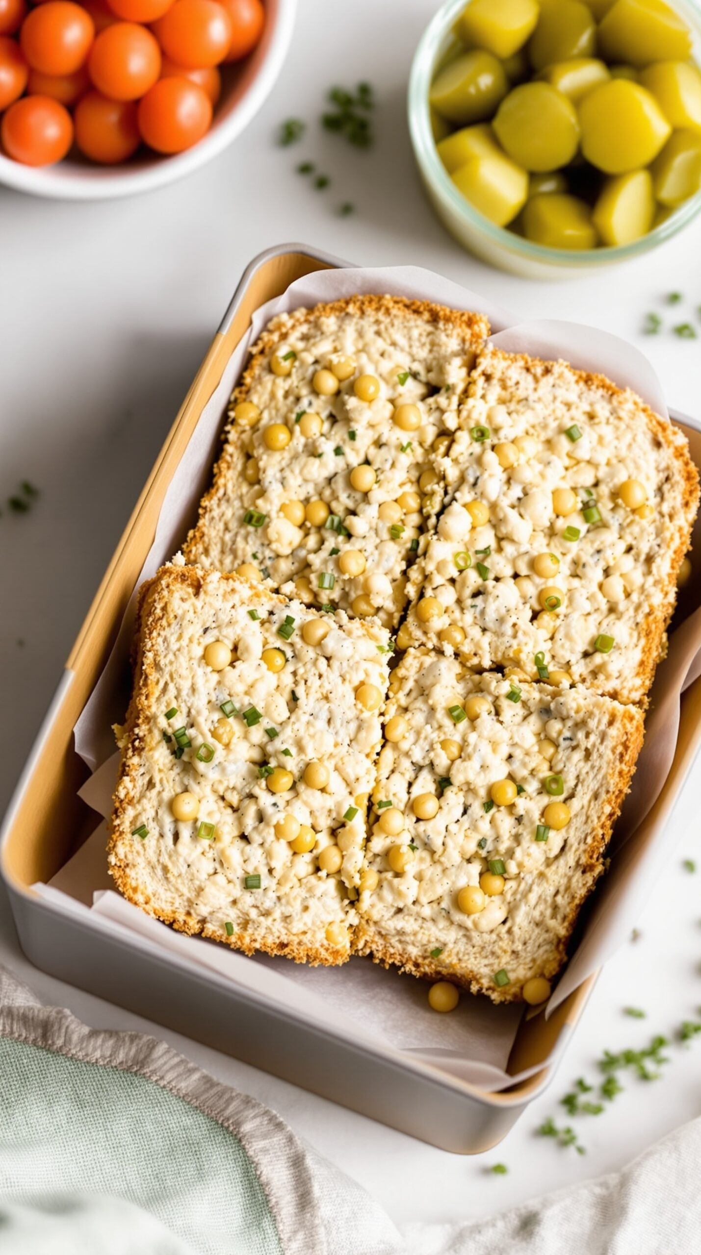 Chickpea salad sandwich with cherry tomatoes and pickles