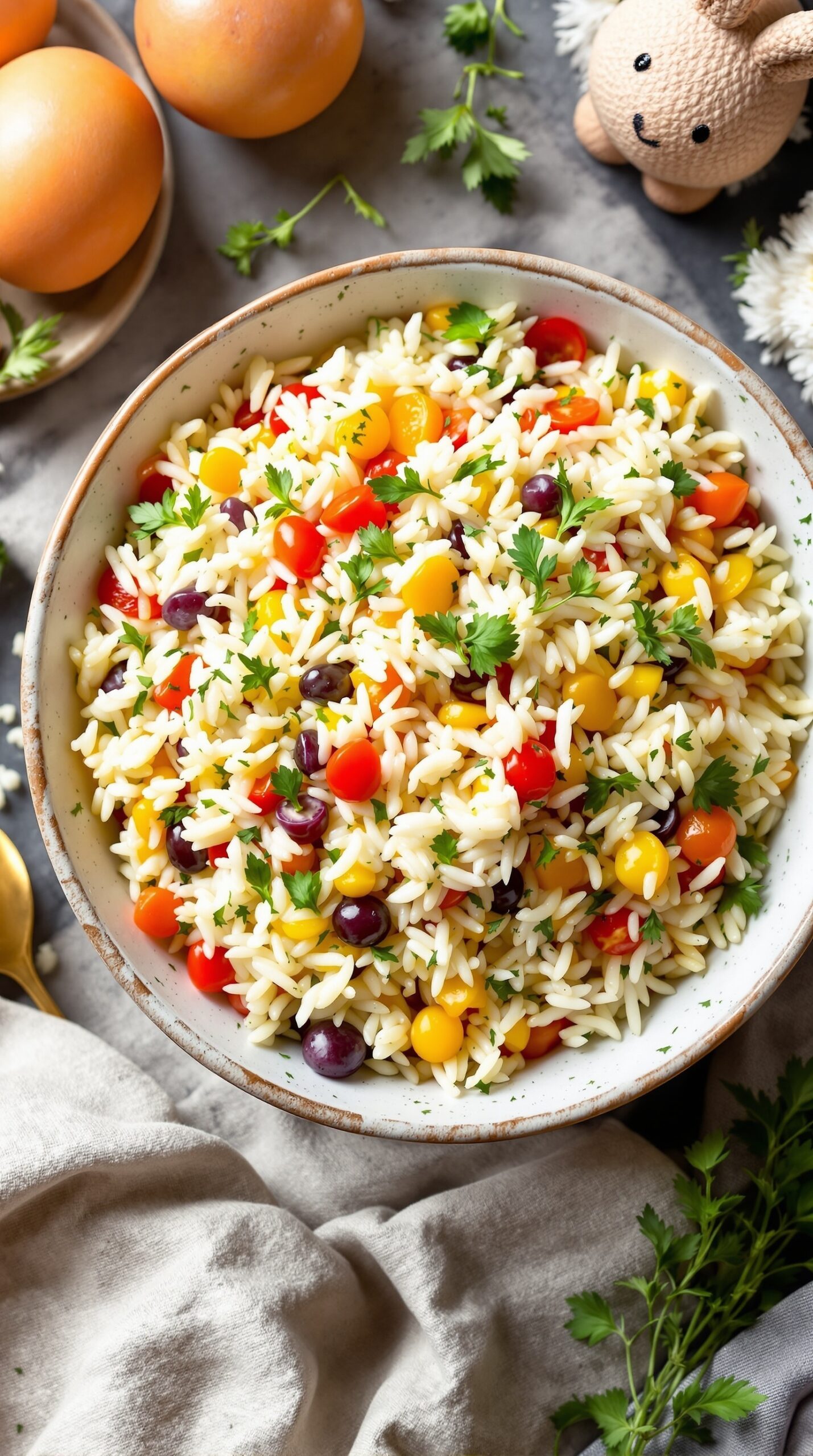 A bowl of herbed rice pilaf with colorful vegetables, garnished with parsley.