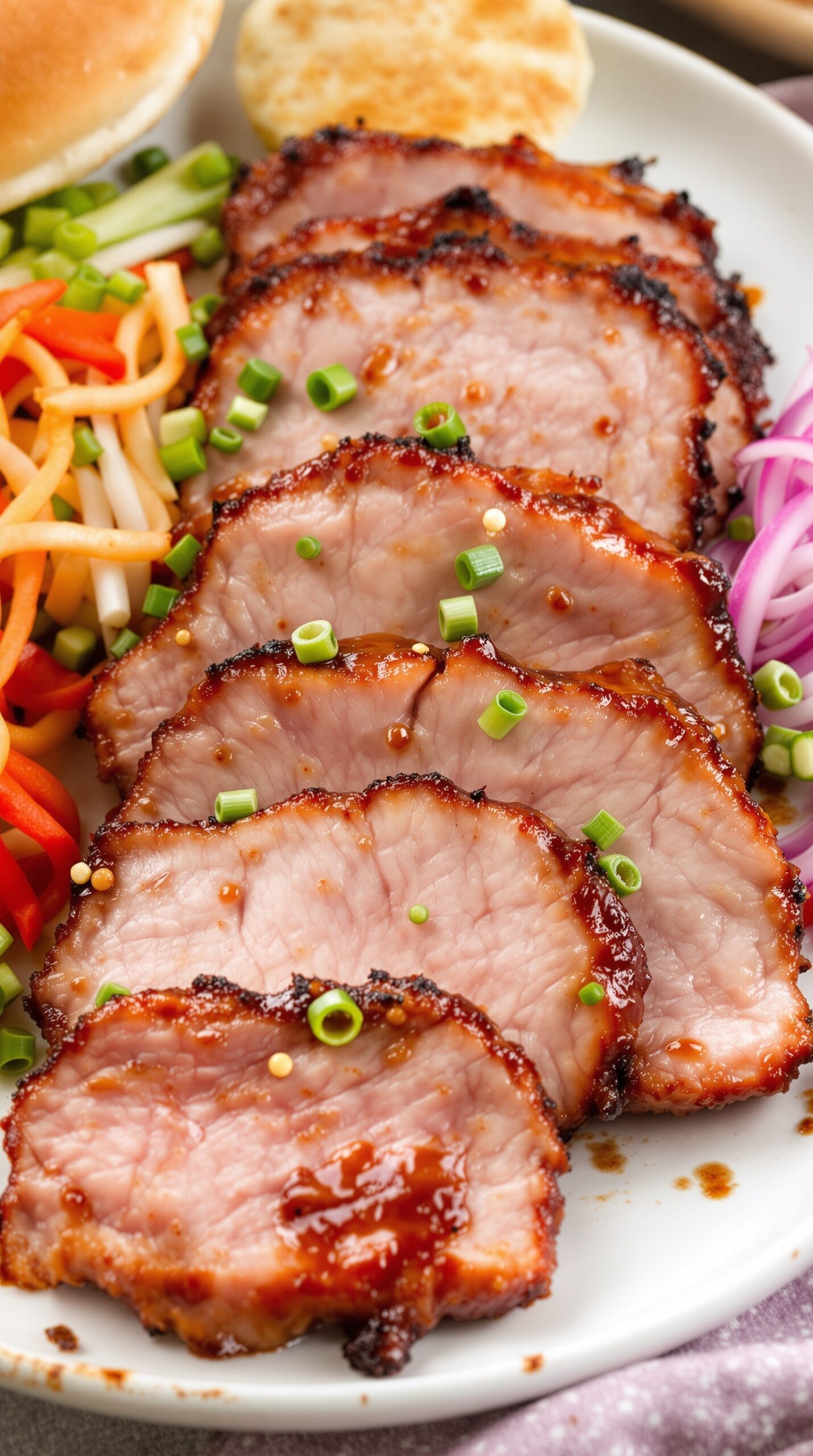 Plate of Char Siu Pork with colorful vegetables and toppings.