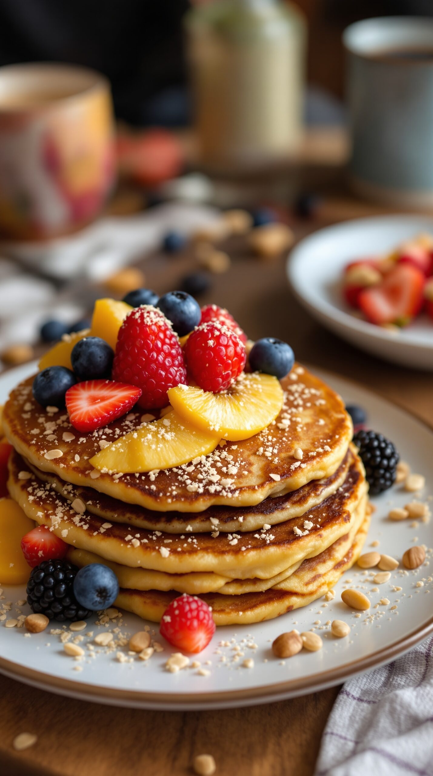 A stack of oatmeal pancakes topped with fresh fruit, including blueberries, strawberries, raspberries, and pineapple, served on a plate.