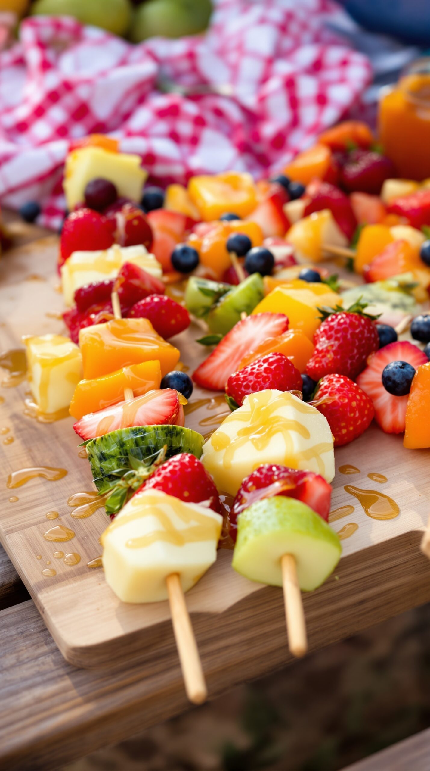 Colorful fruit skewers with honey drizzle on a wooden platter.