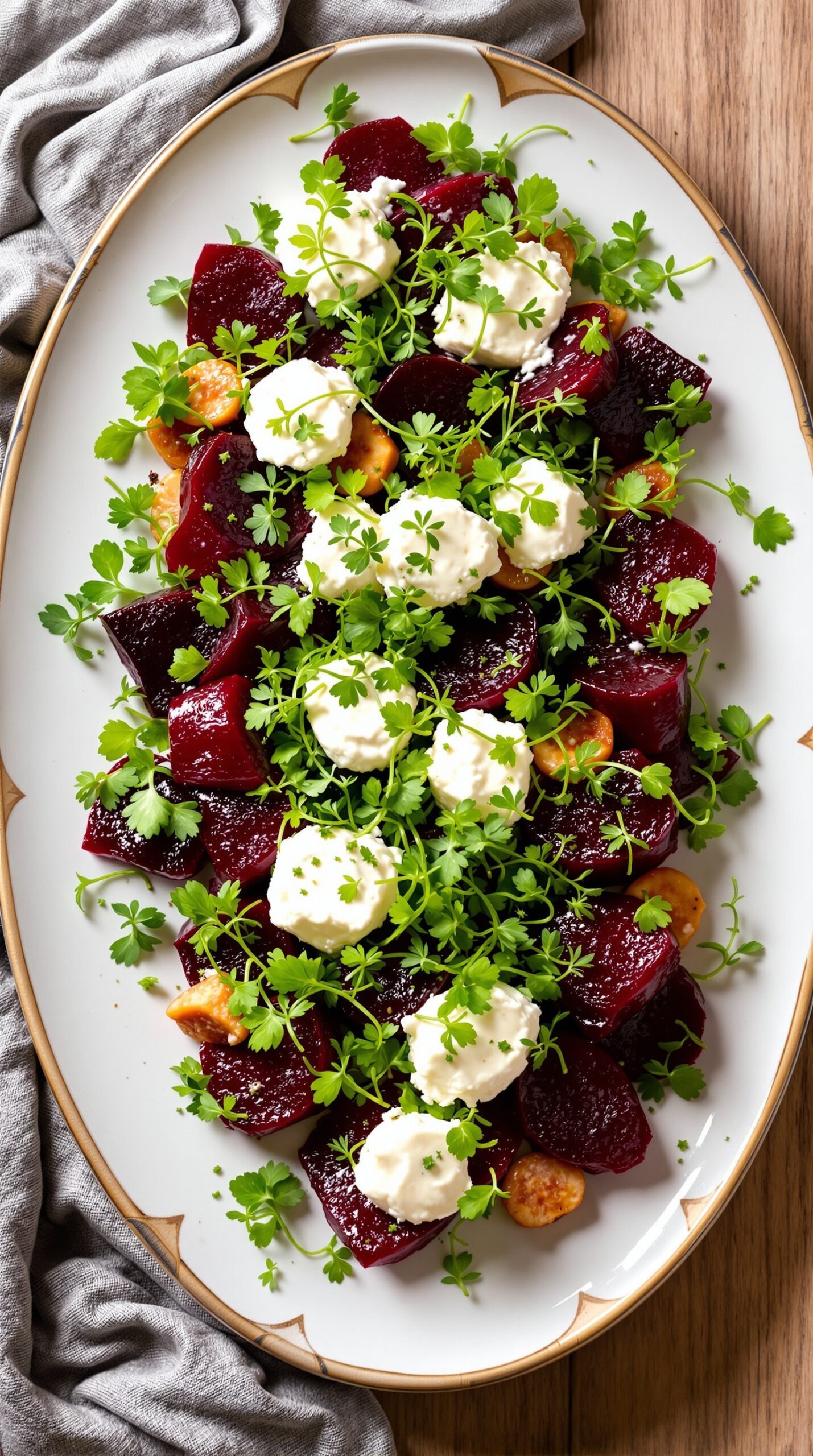 A beautiful Roasted Beet and Goat Cheese Salad with vibrant colors, topped with goat cheese and fresh herbs.