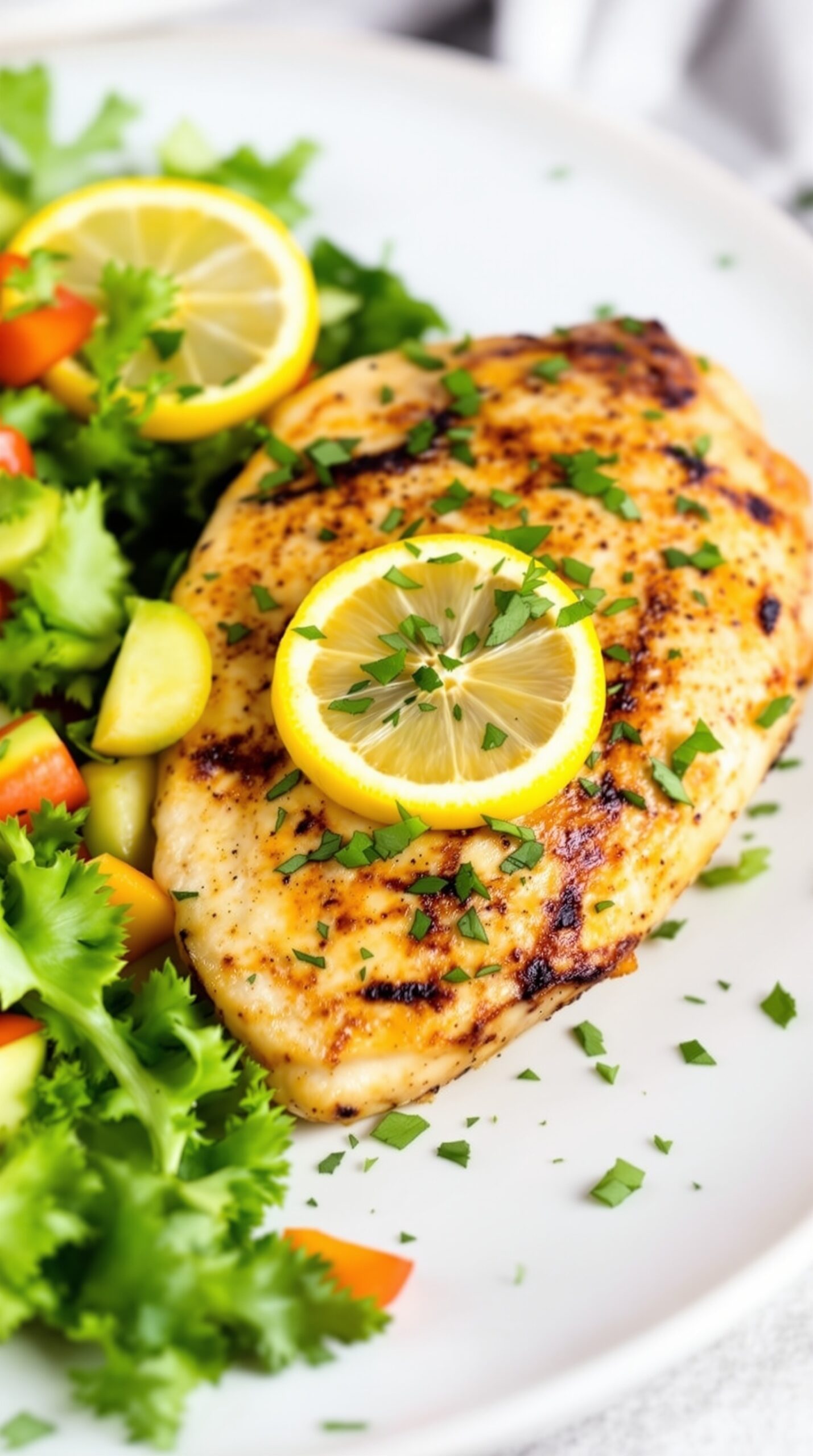 Grilled chicken breast garnished with lemon slices and parsley, served with a fresh salad.