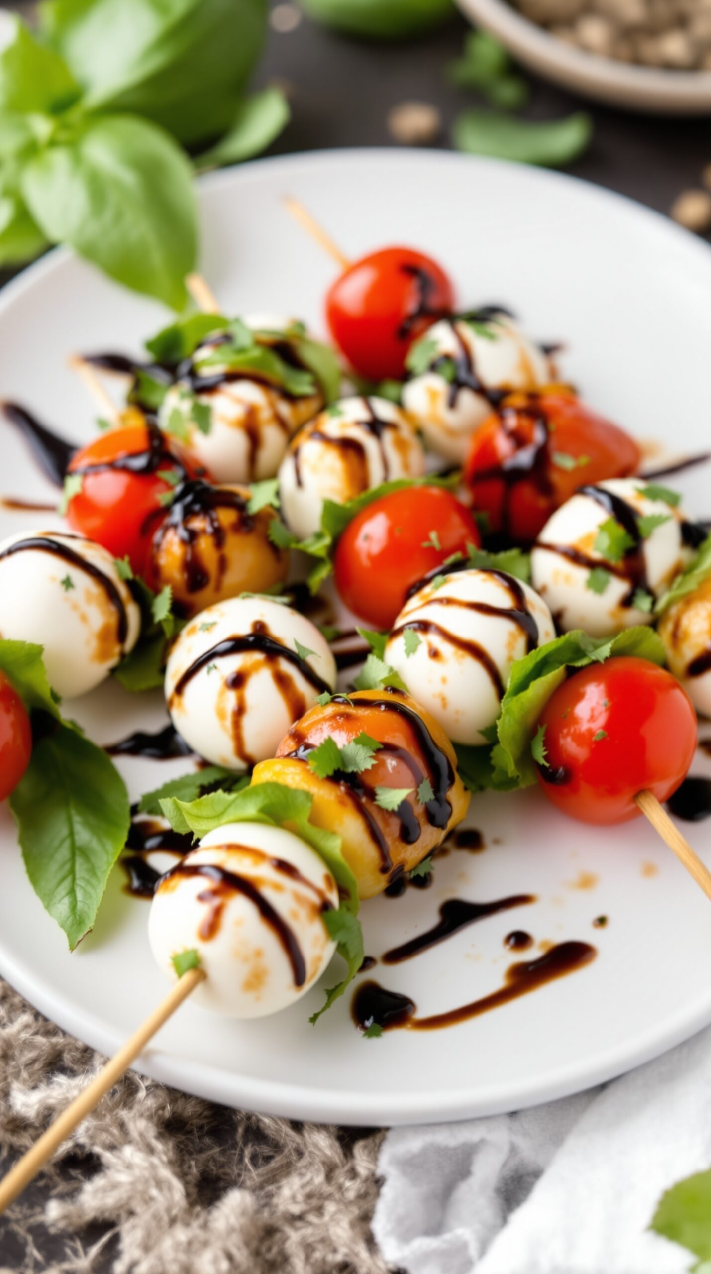 Mini Caprese skewers with mozzarella, cherry tomatoes, and basil drizzled with balsamic glaze.