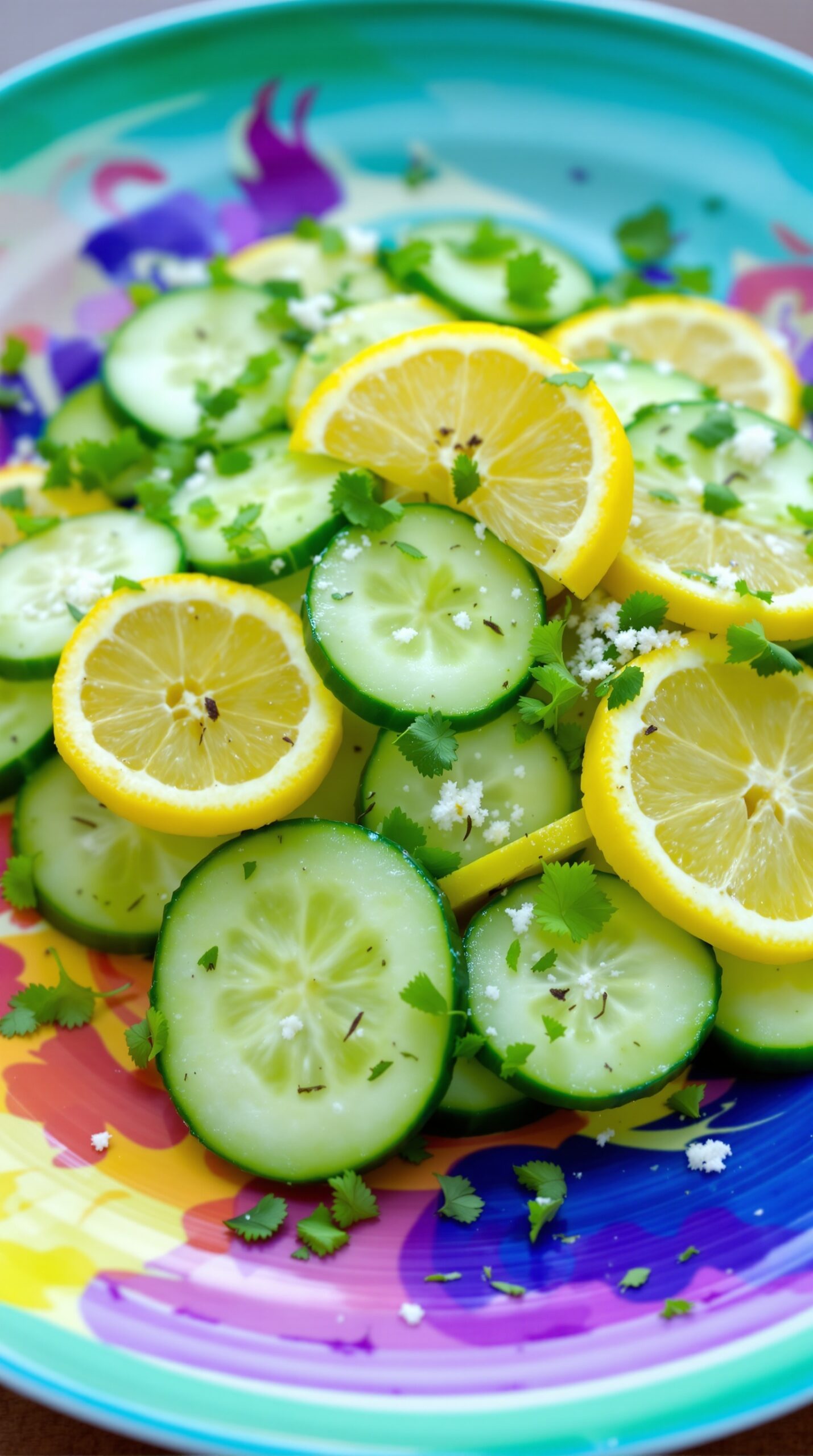 A colorful plate of lemon cucumber salad with slices of cucumber and lemon, garnished with cilantro.