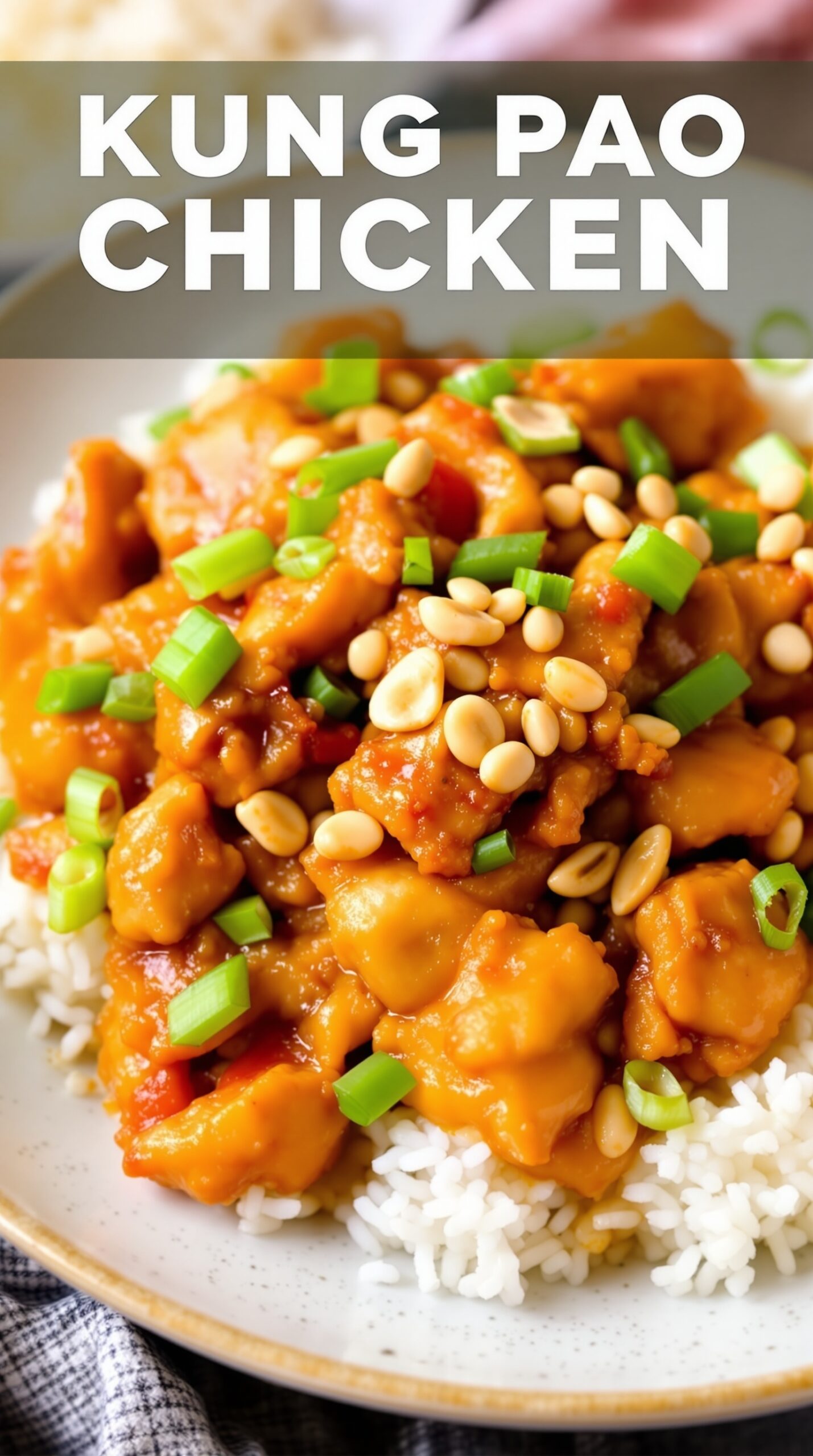 A delicious plate of Kung Pao Chicken served over rice with green onions and peanuts.