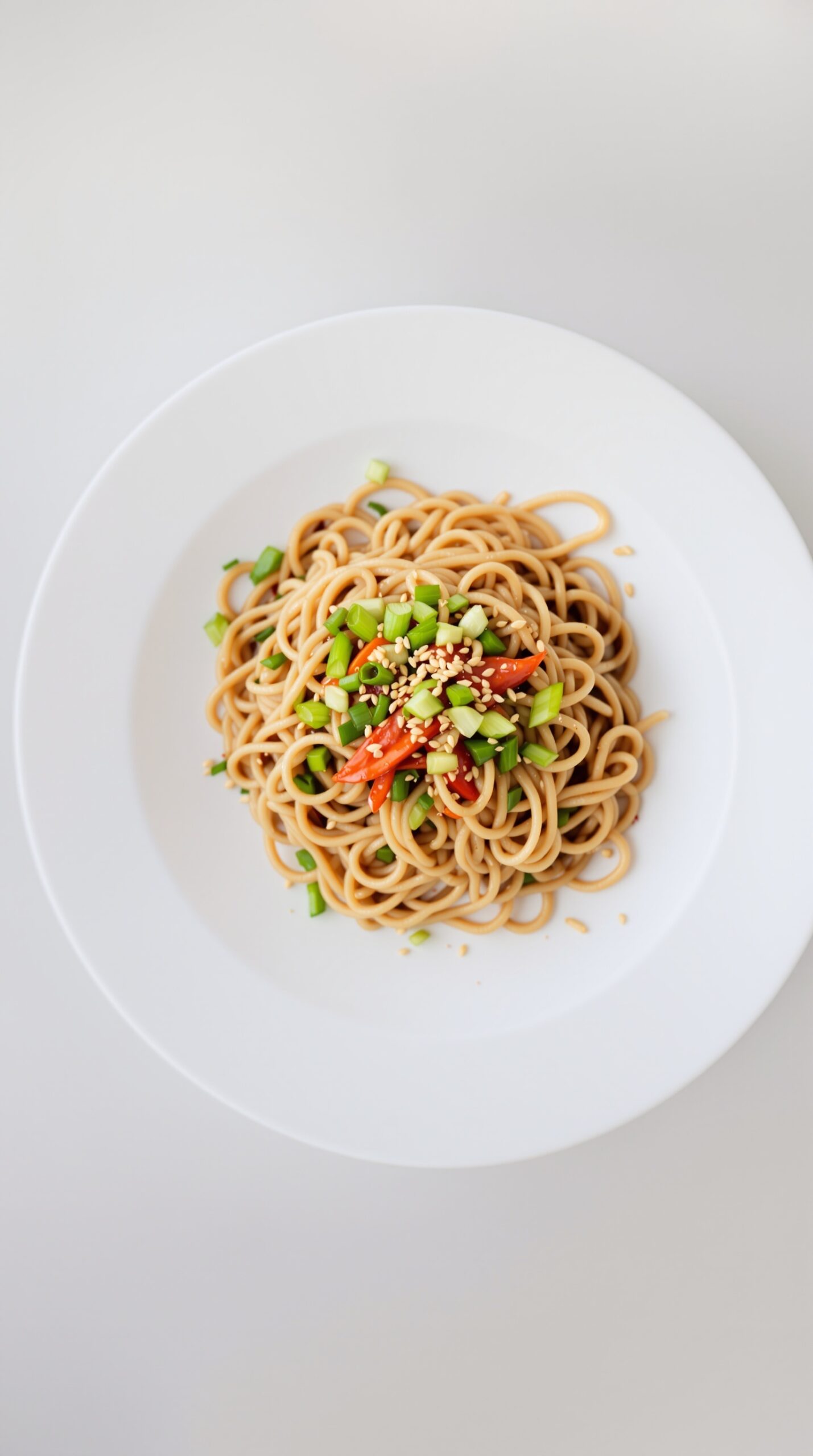 A plate of spicy Szechuan noodles garnished with chopped green onions, sesame seeds, and sliced chili peppers.