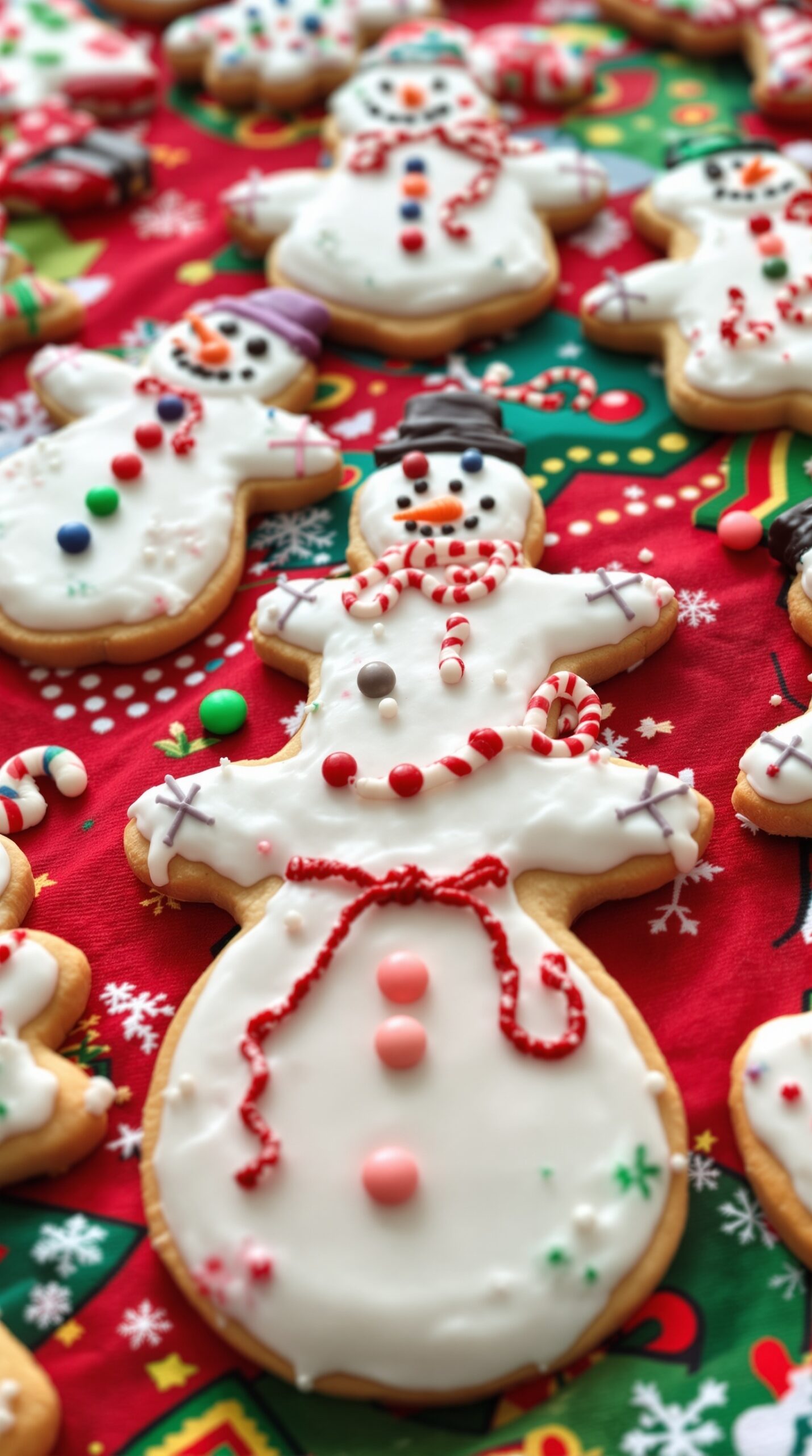 Decorated snowman cookies on a festive tablecloth