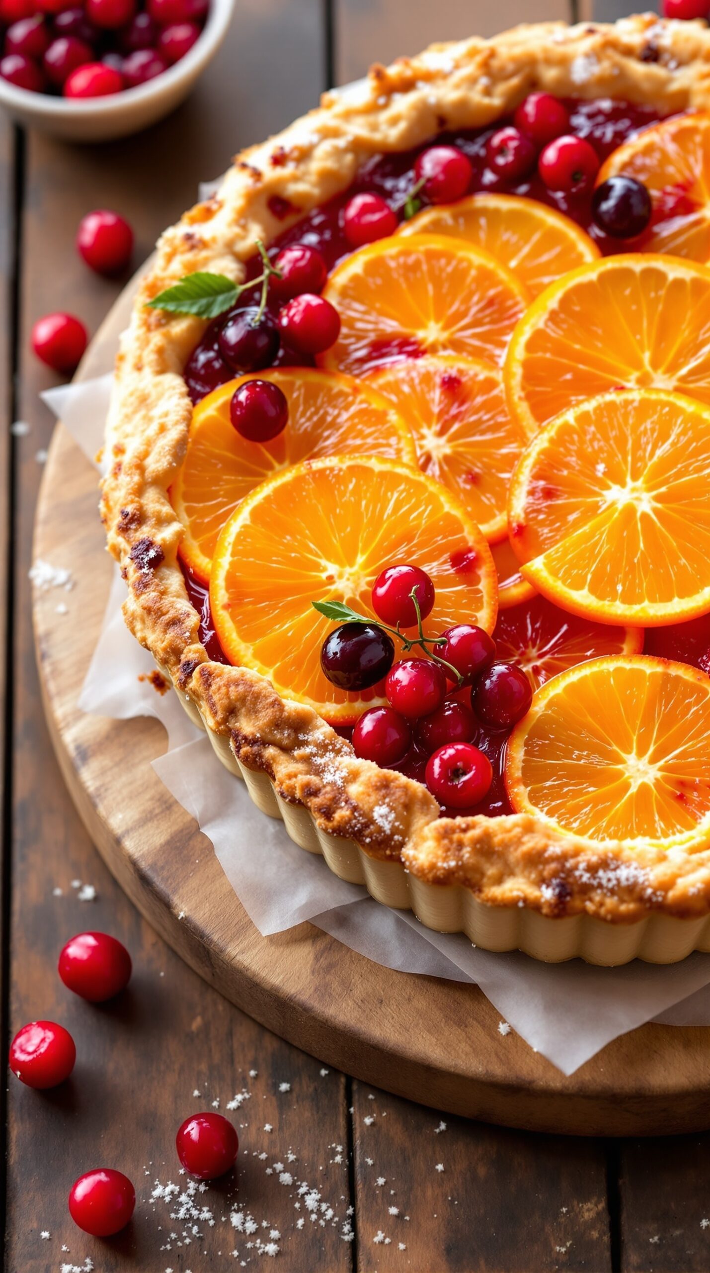 A beautifully arranged cranberry orange tart with fresh cranberries and orange slices on top.