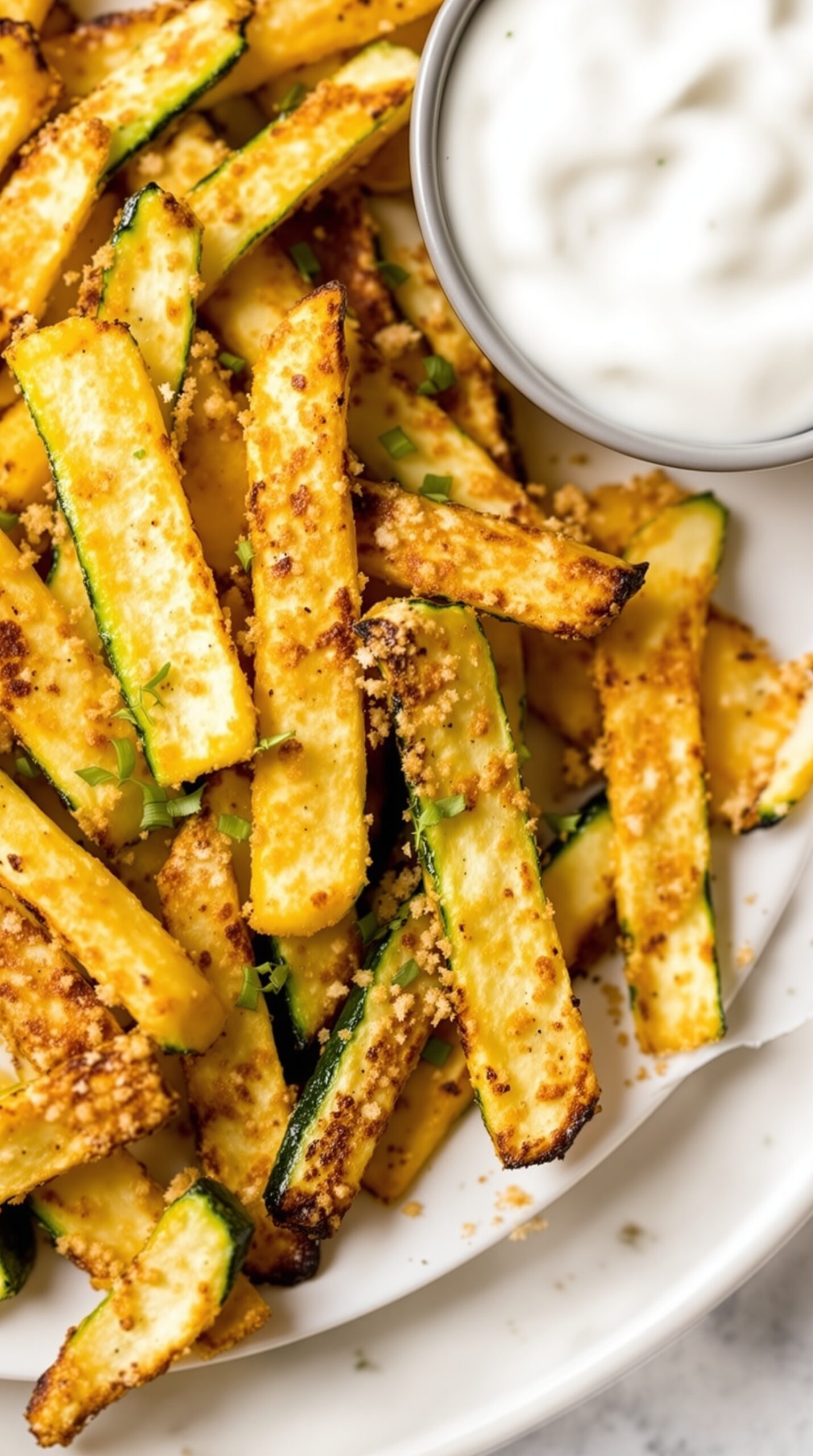 Crispy air fryer zucchini fries served with a dipping sauce