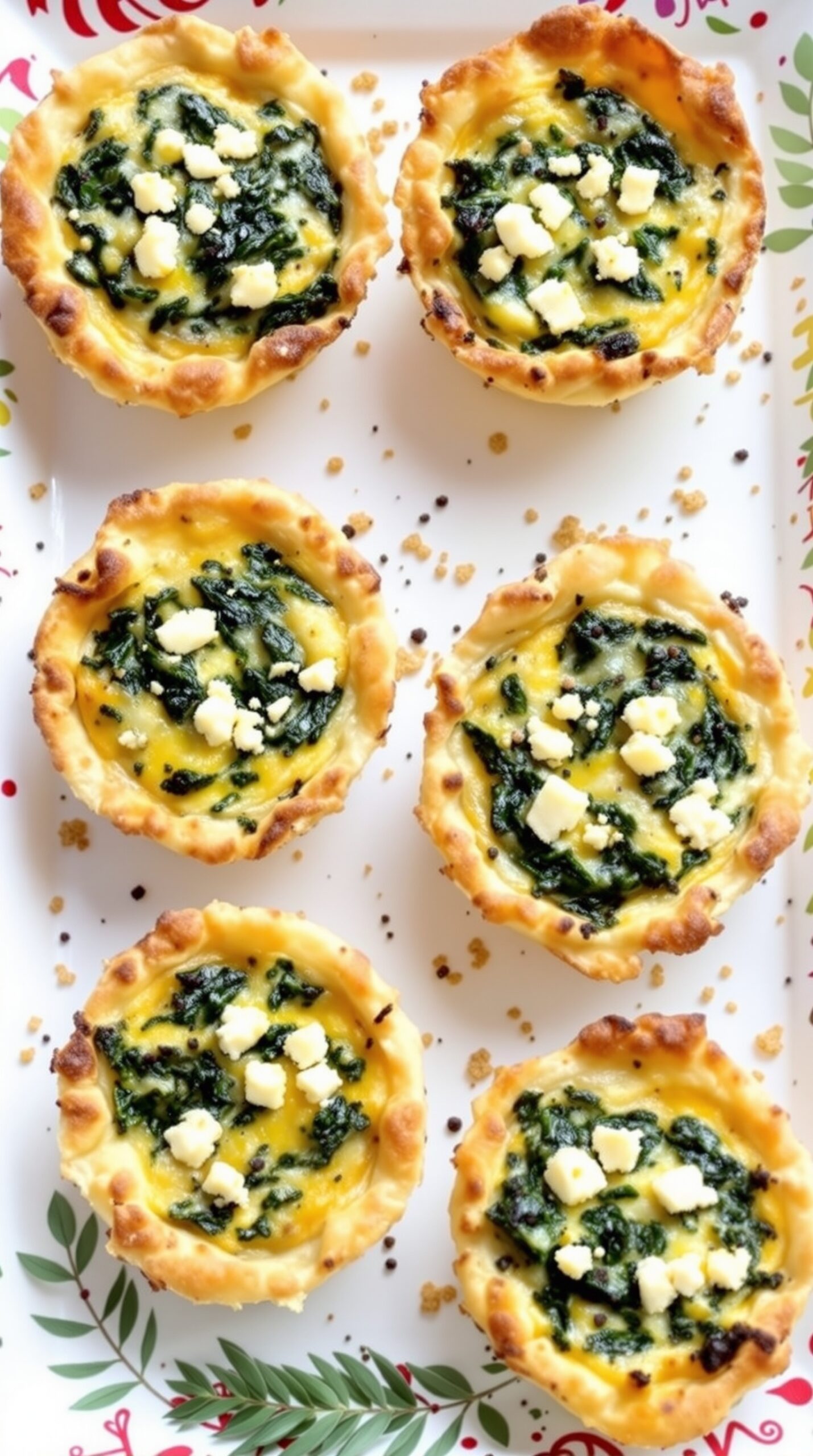 Mini quiches with spinach and feta on a festive platter