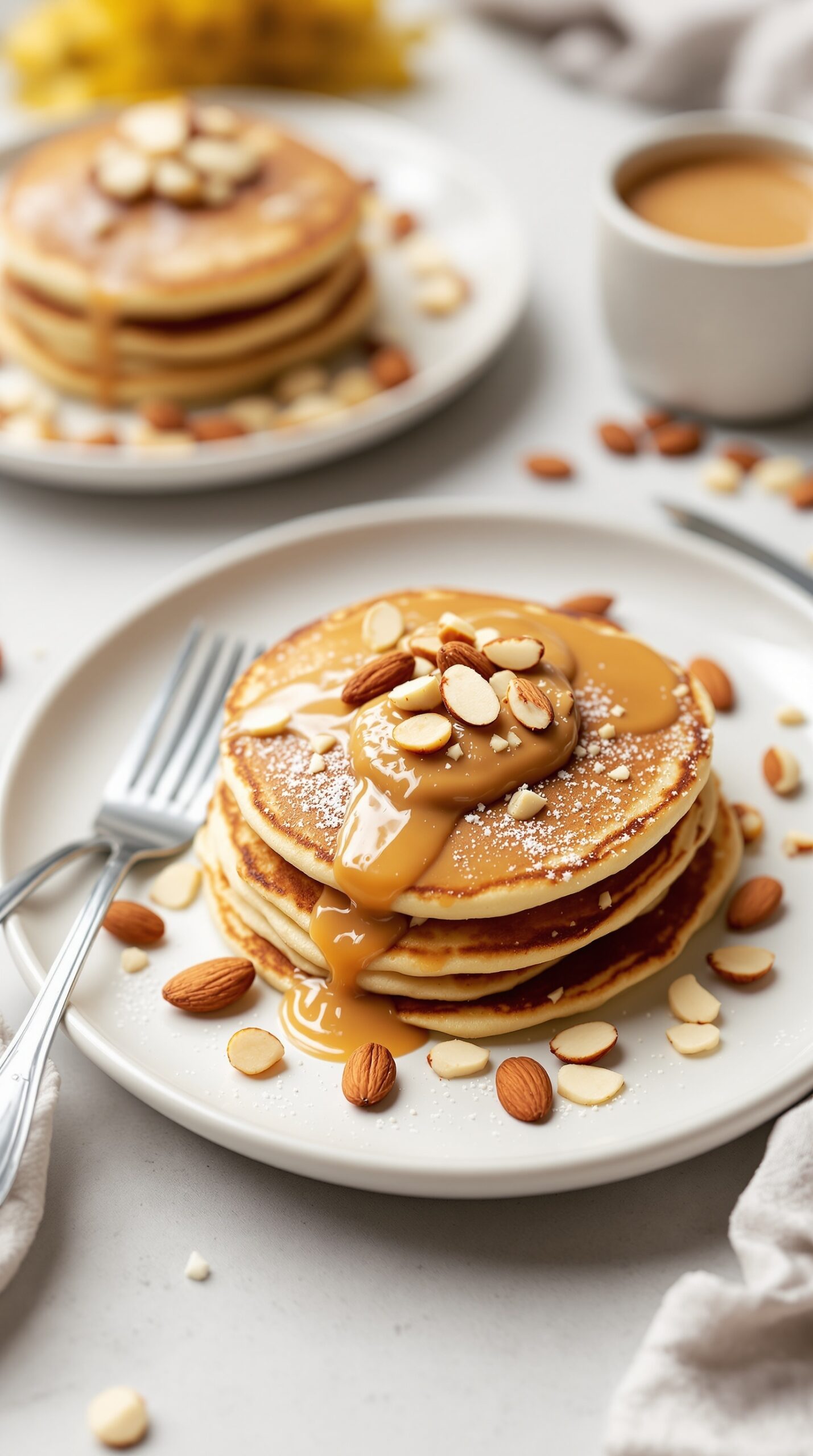 A stack of almond flour pancakes topped with sliced almonds and syrup