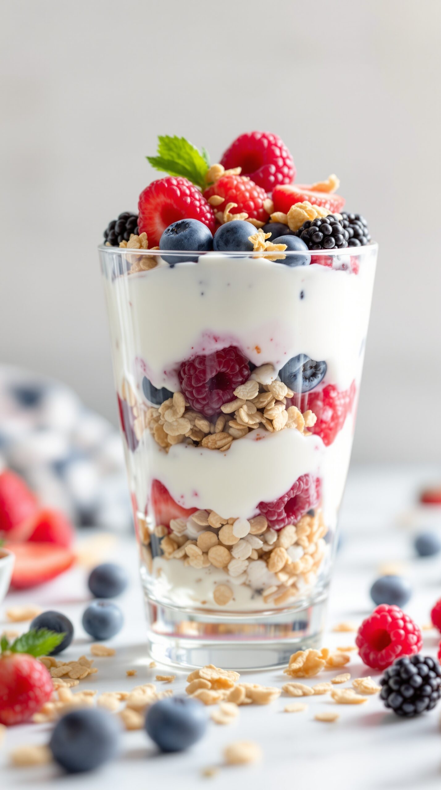 A delicious Greek yogurt parfait layered with granola and fresh berries in a clear glass.