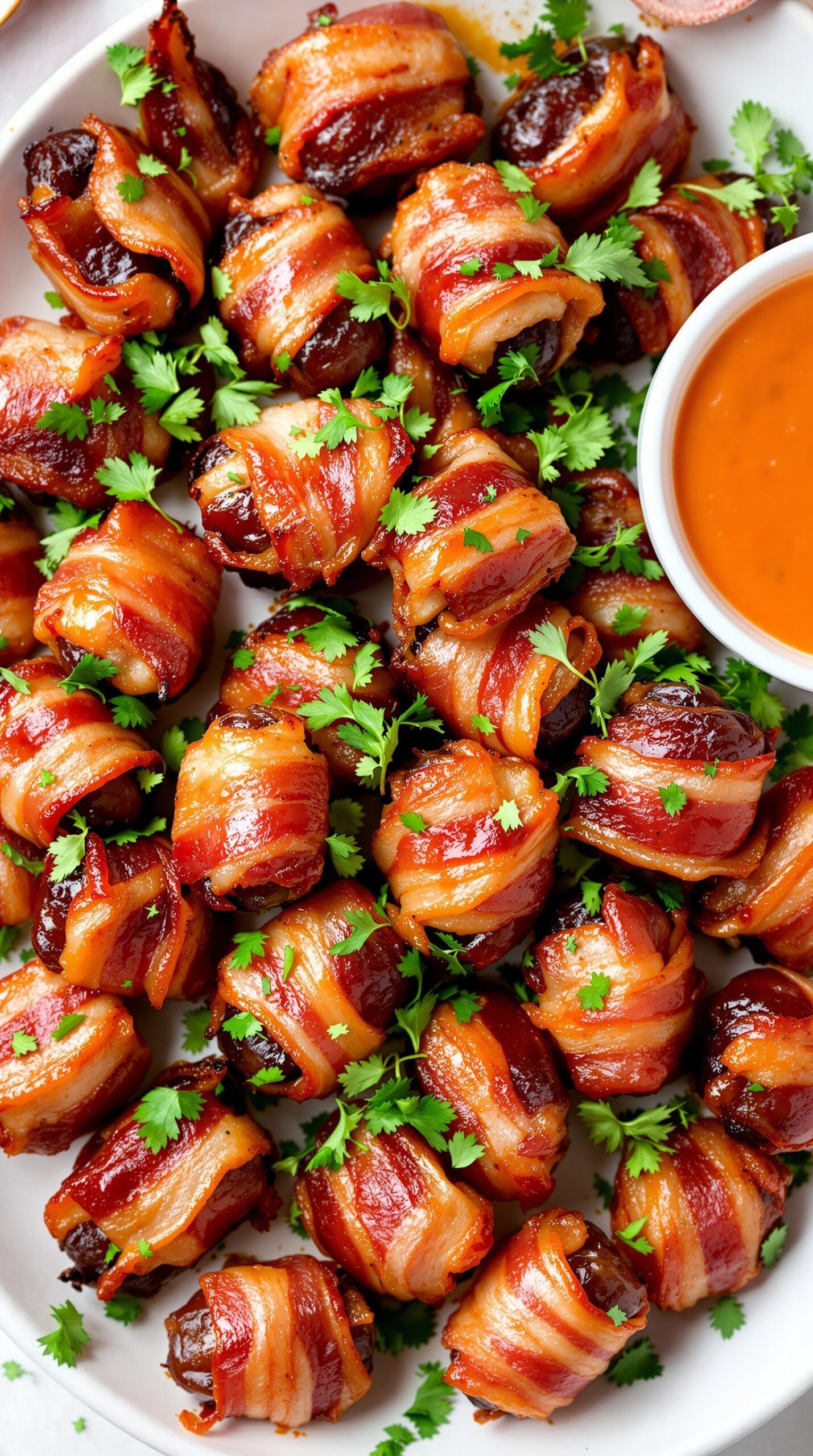 A platter of bacon-wrapped dates garnished with parsley and served with barbecue sauce.