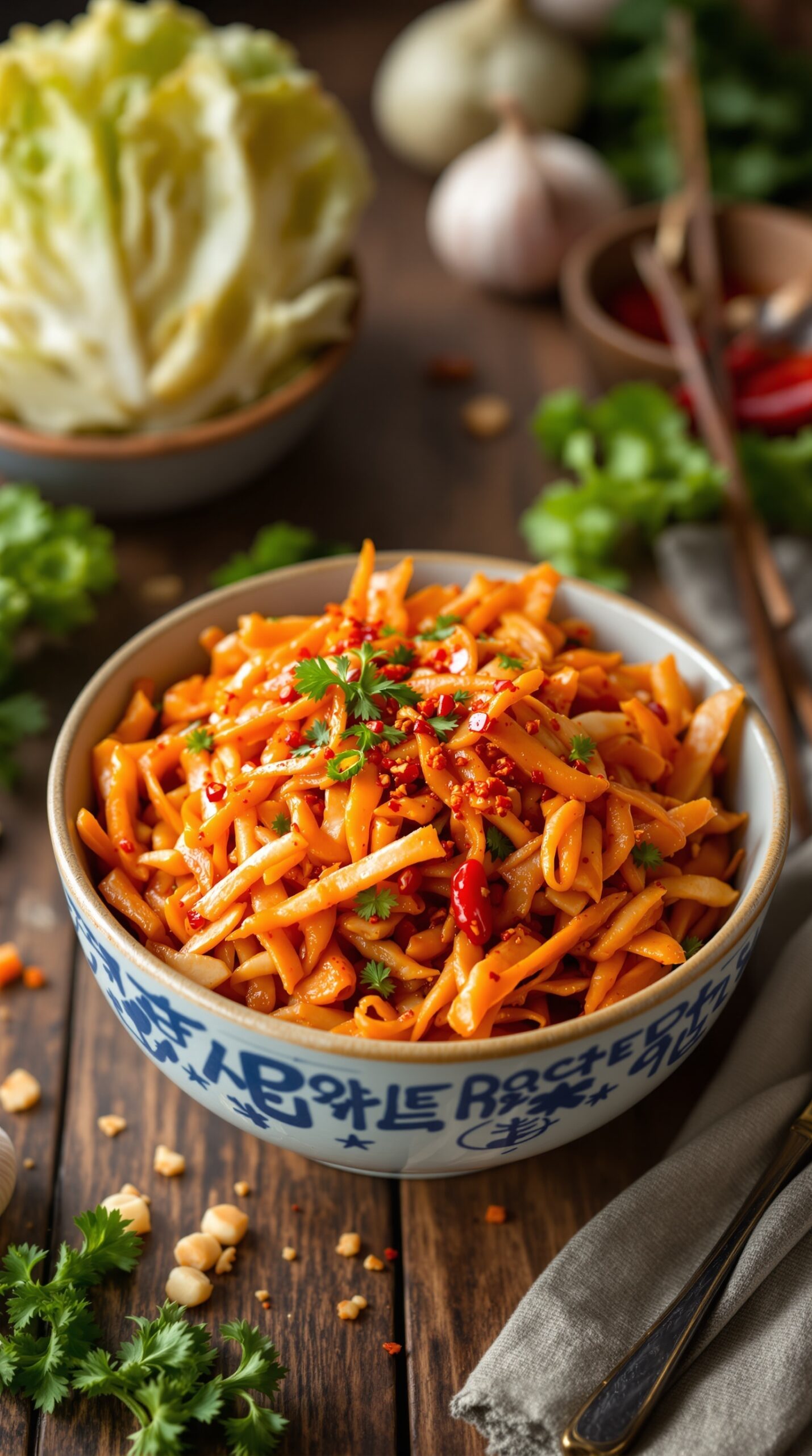 A bowl of vibrant Napa cabbage kimchi with fresh ingredients like garlic and chili peppers in the background.