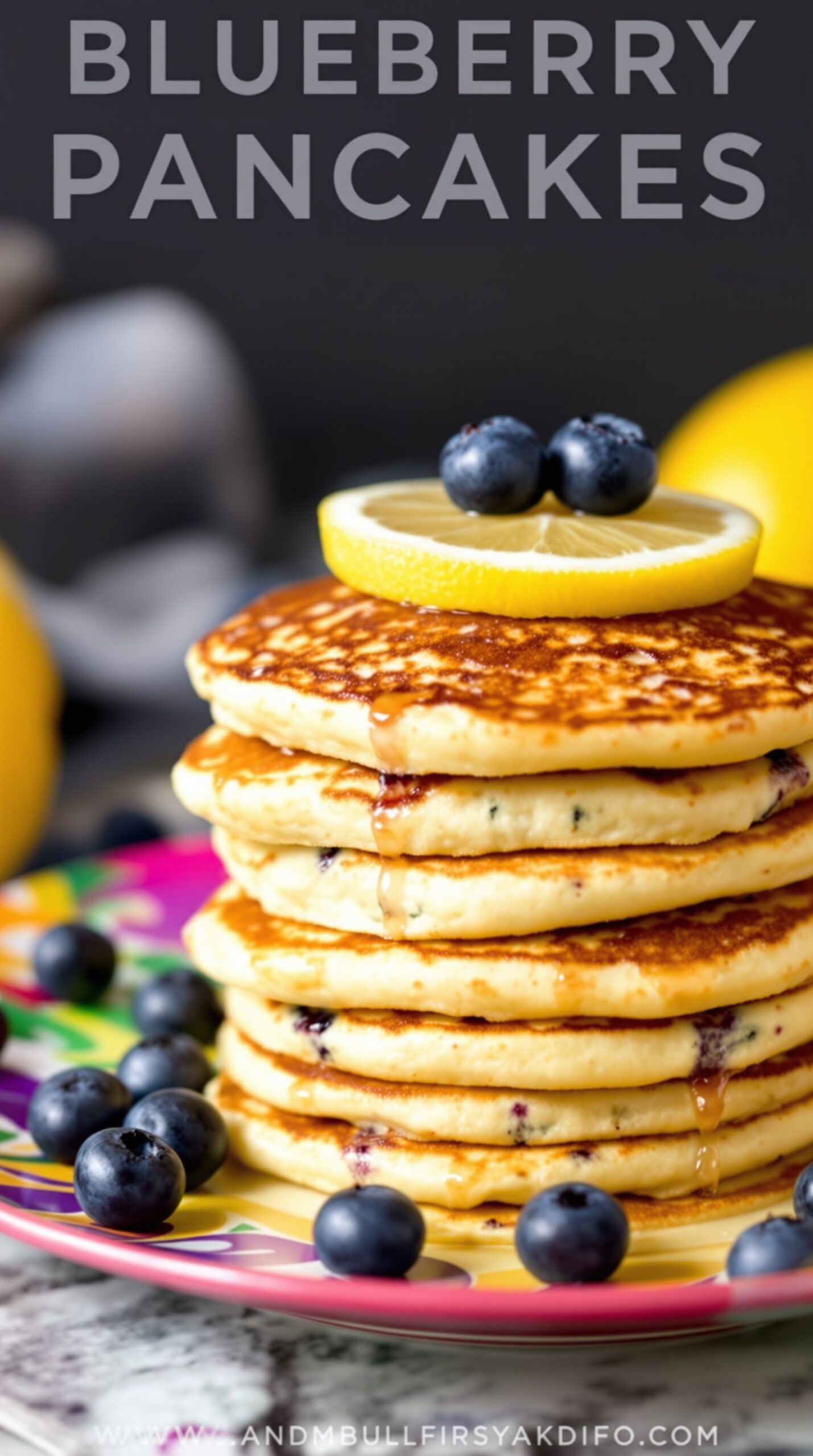 Stack of blueberry lemon pancakes topped with blueberries and a lemon slice