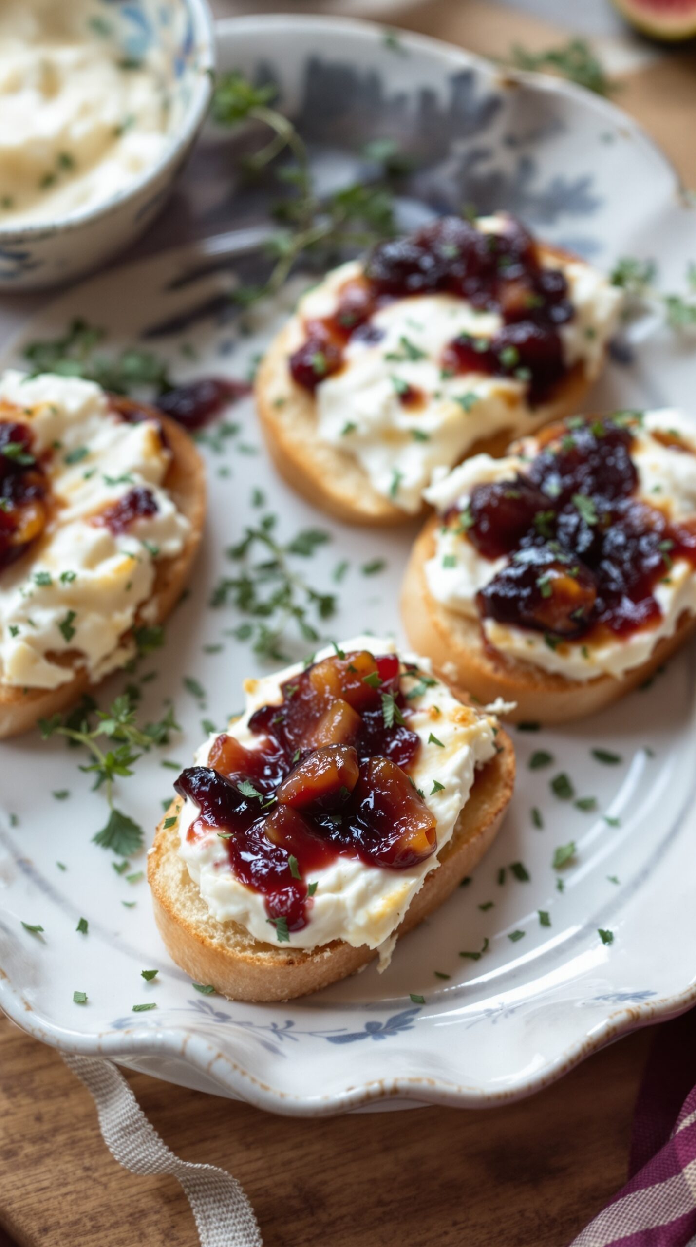 Herbed goat cheese and fig crostini on a decorative plate