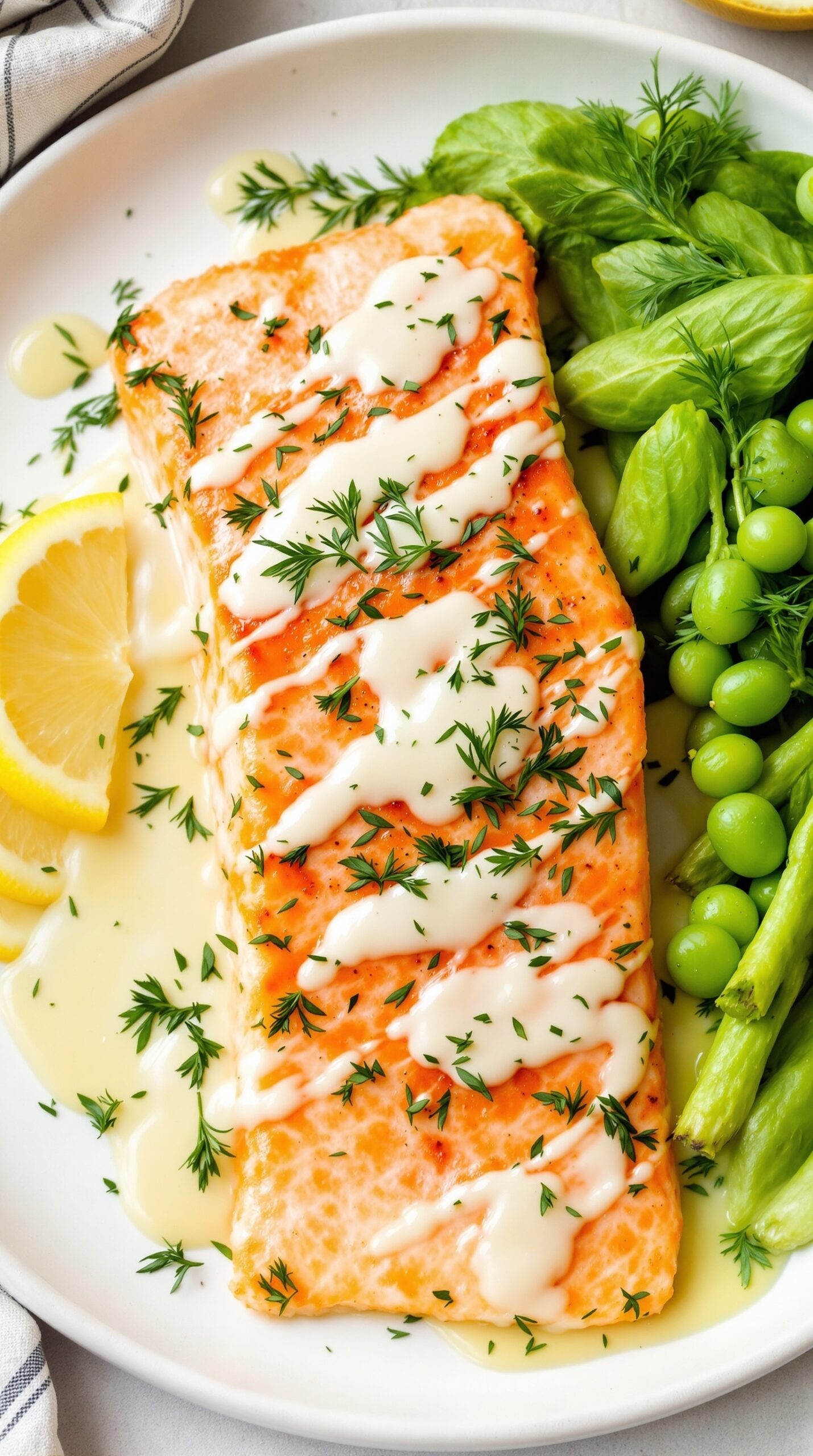 Air fryer salmon fillet topped with lemon dill sauce, garnished with fresh dill and served with vegetables.