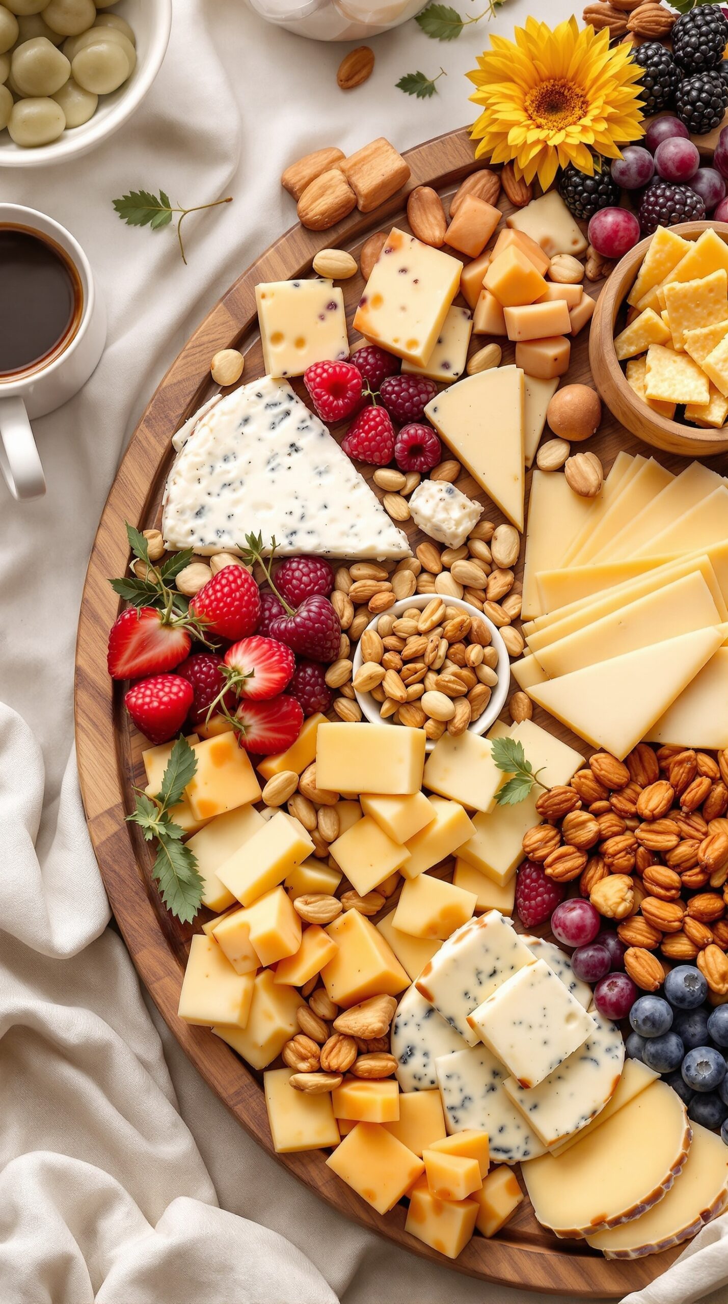A beautifully arranged cheese and crackers board with various cheeses, fruits, nuts, and crackers.